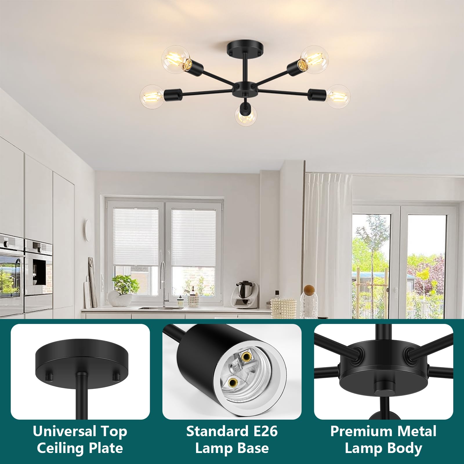 6-Lights Semi Flush Mount Ceiling Light, Matte Black Close to Ceiling Lighting with E26 Base, Modern Sputnik Light Fixtures for Kitchen Dining Room Bedroom Living Room