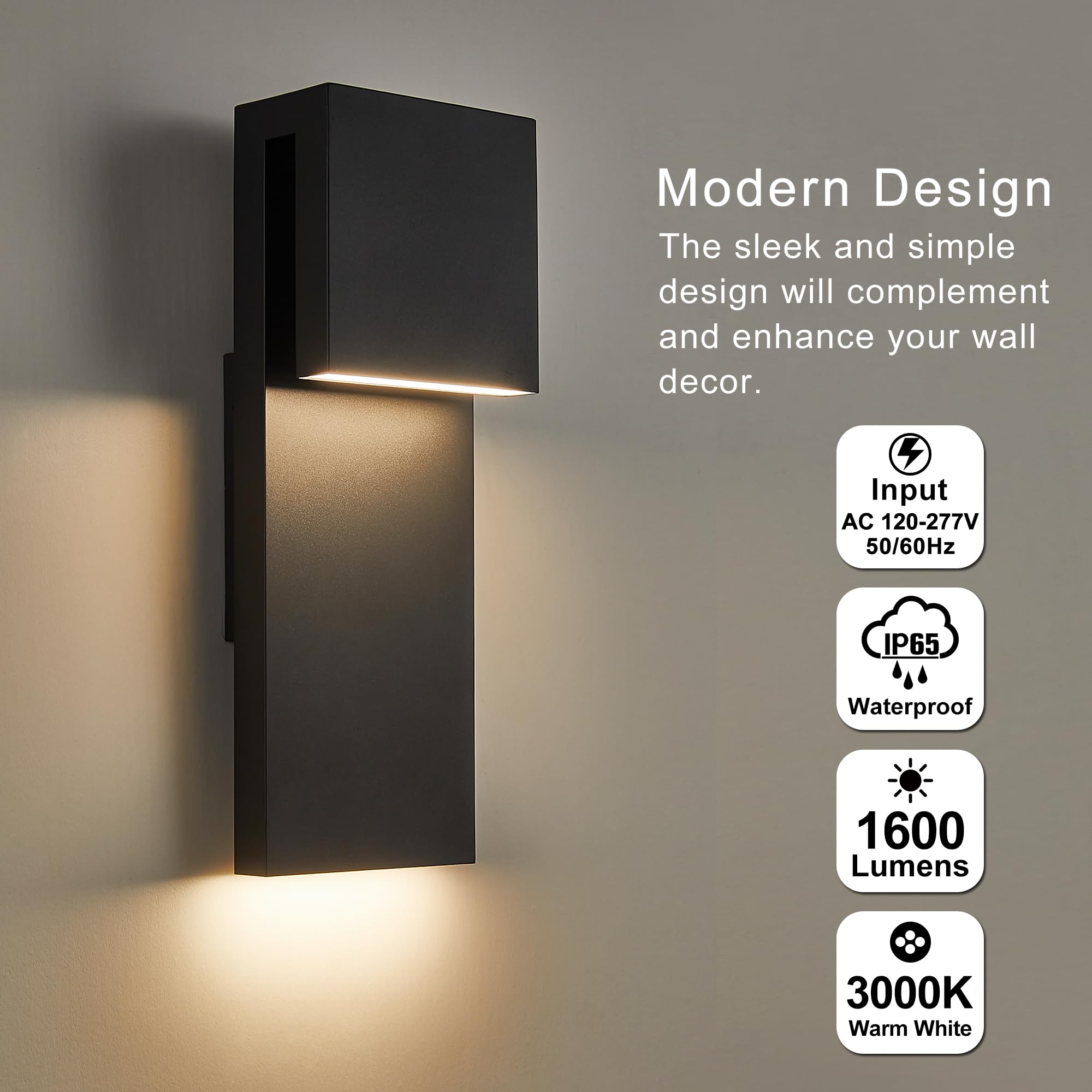 Modern LED Outdoor Wall Sconce 2-Light 17W Integrated LED Outdoor Wall Mount,Anti Rust Textured Black Suit for Wet Locations and Easily Installed in Any Direction.Bulb Included.