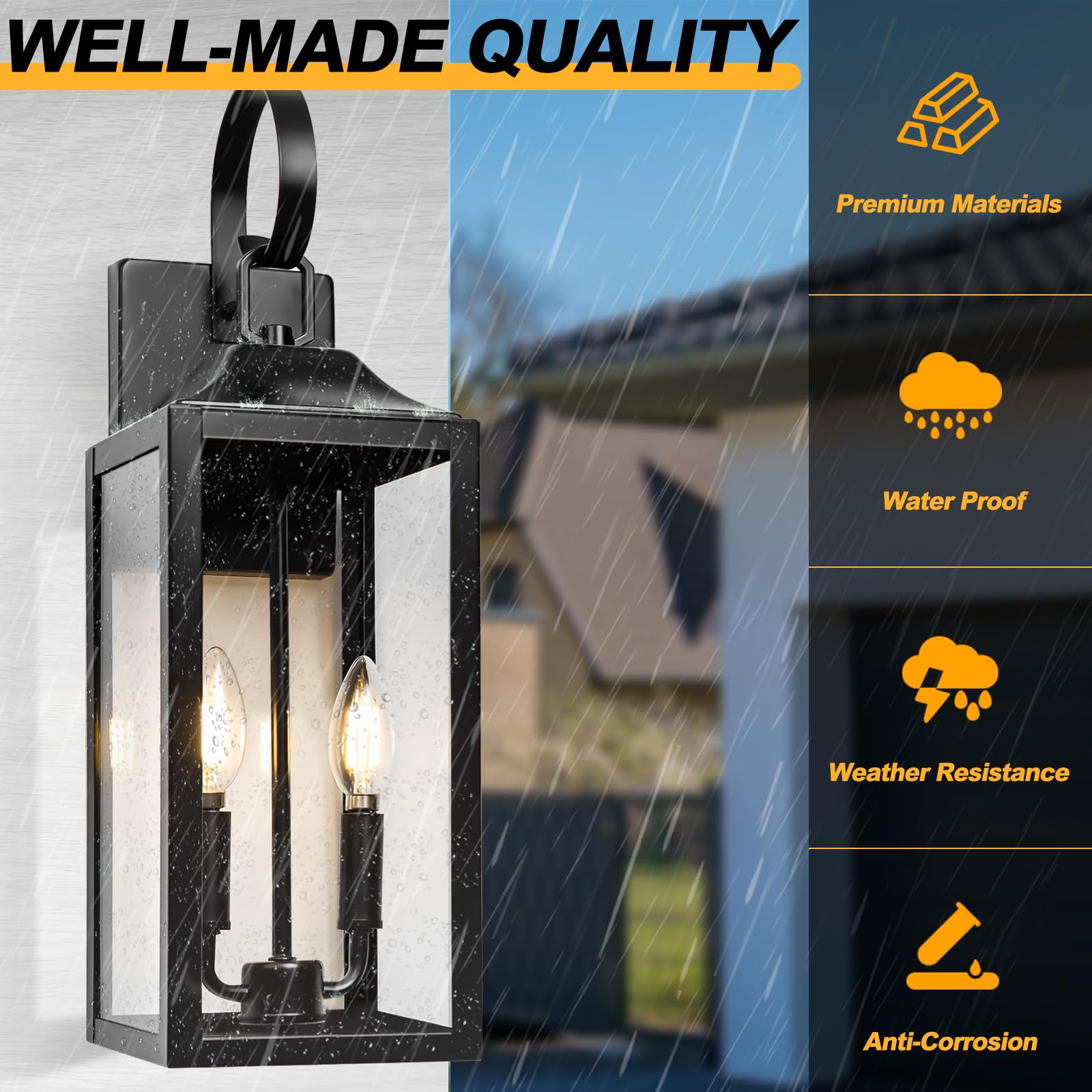 19" Black Outdoor Wall Lantern 2-Light, Large Outside Modern Wall Sconce Light Fixture, Industrial Porch Light Wall Mount with Glass, Waterproof Farmhouse Exterior Lamp Lighting （1 Pack）