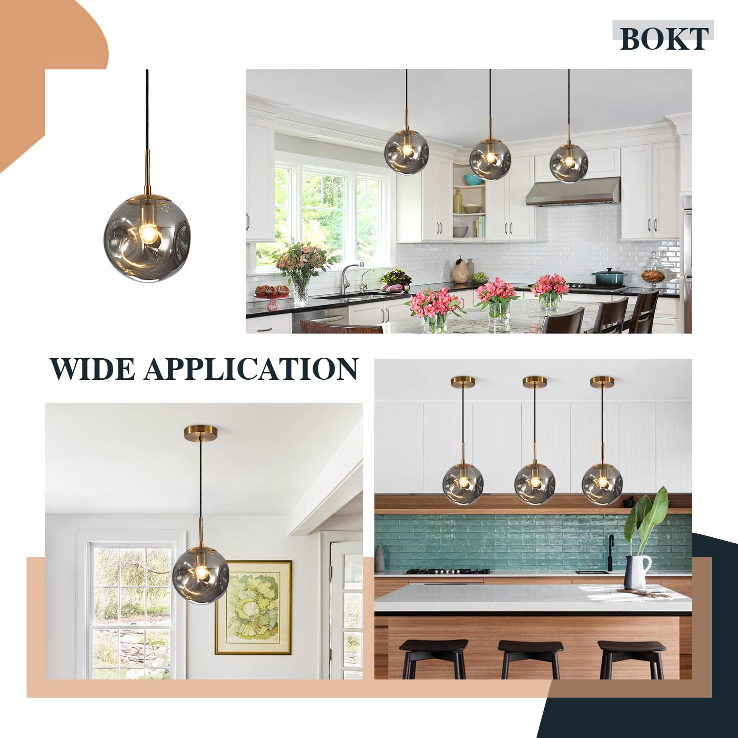 BOKT Modern Gold Kitchen Island Pendant Light Mid Century 3-Lights Globe Pendant Light Fixture Cluster Multi Light Pendant Lighting Bedside Glass Ball Pendant Lamp