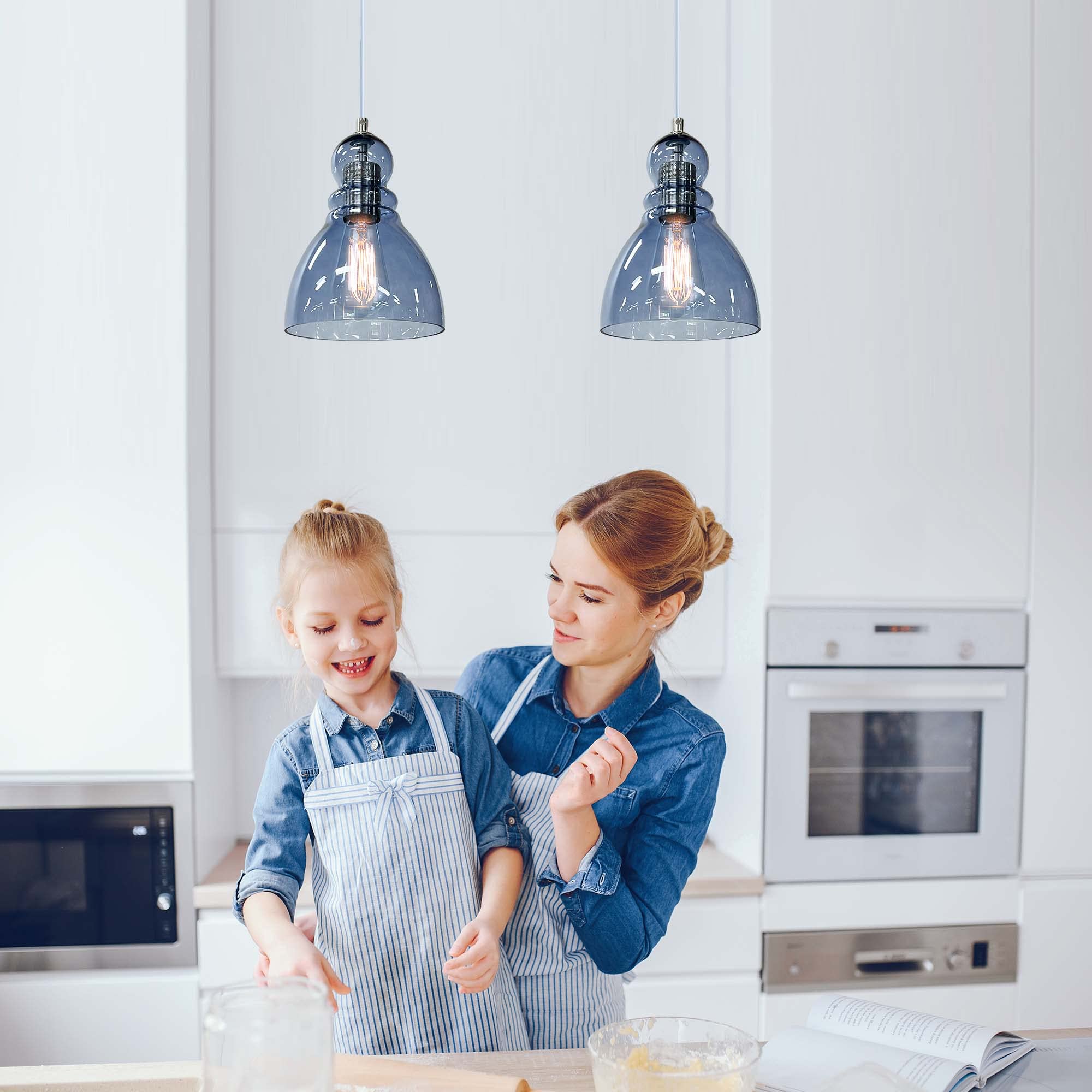 Blue Glass Pendant Lights for Kitchen Island: Modern Industrial Hanging Ceiling Light Fixture with 6.5'' Handblown Clear Glass Shade for Farmhouse Bedroom Dining Room Sink Bar 2 Packs