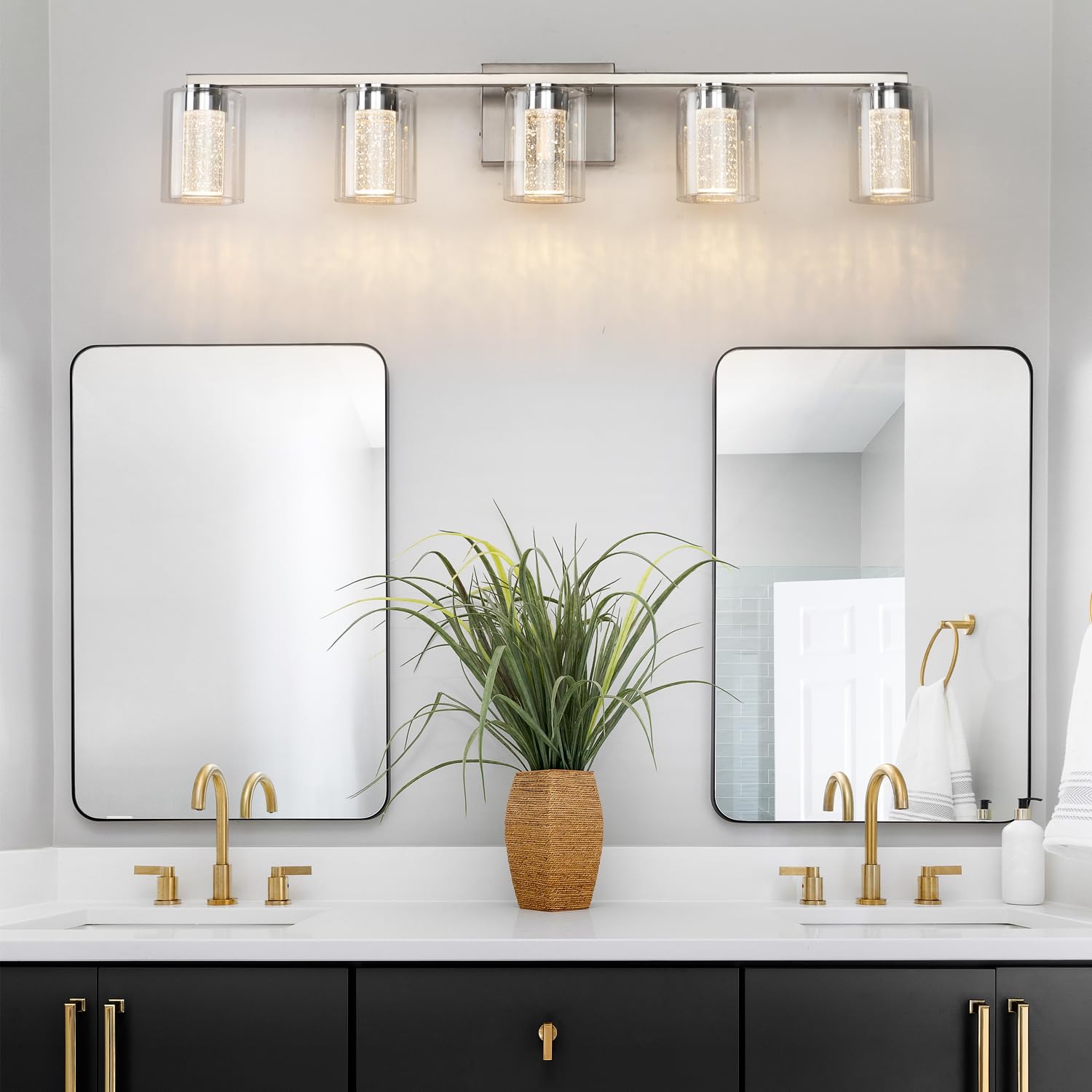 2-Light Brushed Nickel Vanity Light with 3 Color Modes (3000K/4000K/6000K), Eye Protection LED Bathroom Light Fixture, Dimmable Modern Wall Light Over Mirror with Clear Glass Shade