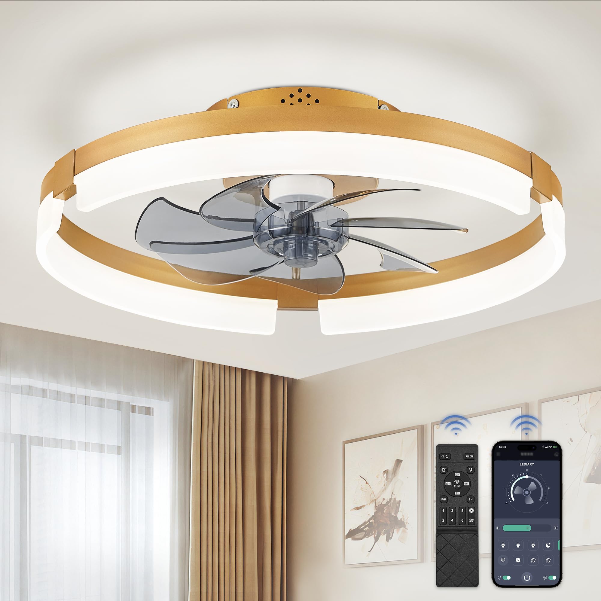 Ceiling Fans with Lights and Remote, 19.7 Inch Low Profile Ceiling Fan, 6 Speeds, Reversible, Dimmable Flush Mount Fan Light,Modern and Bladeless Ceiling Fan with Light for Bedroom, White