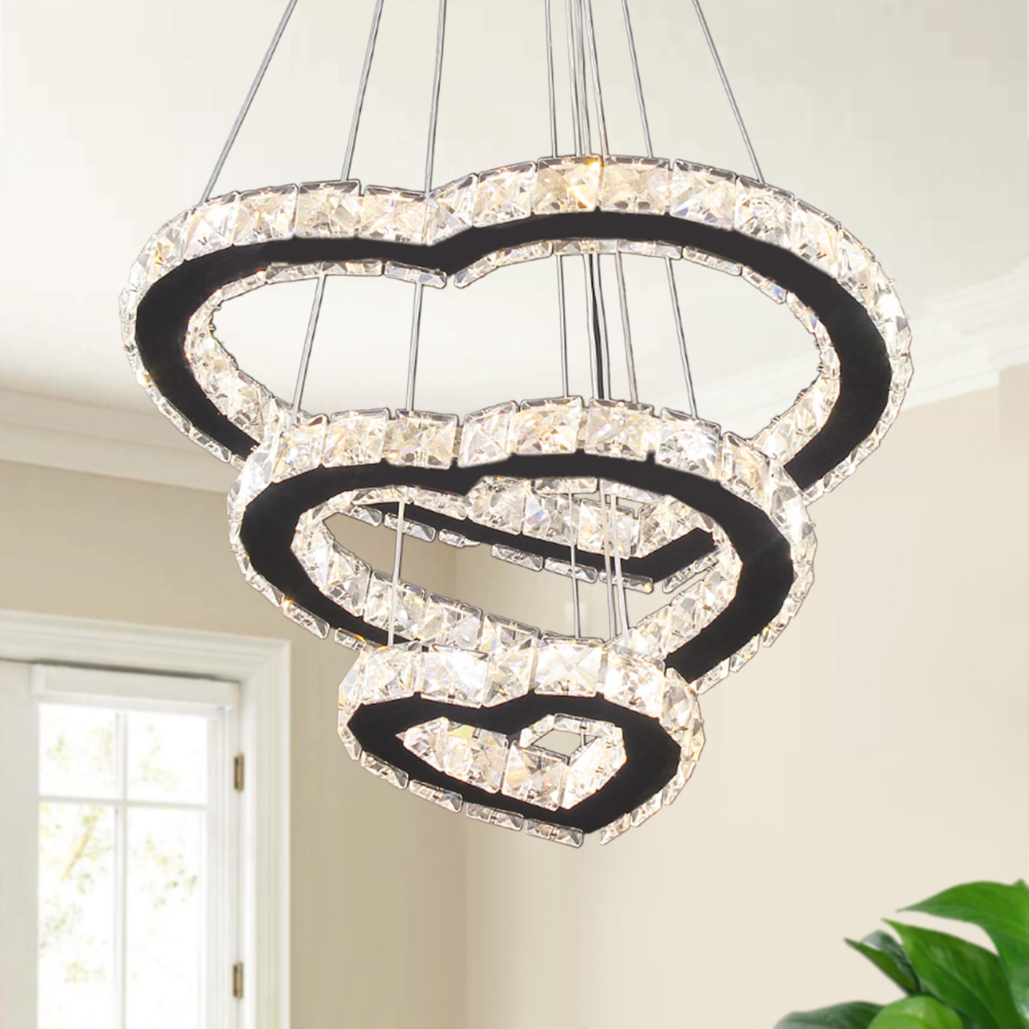 Modern LED Chandeliers Crystal Chandelier 3 Ring Round Pendant Lighting Adjustable Stainless Steel Ceiling Light Fixture for Living Room Dining Room Bedroom