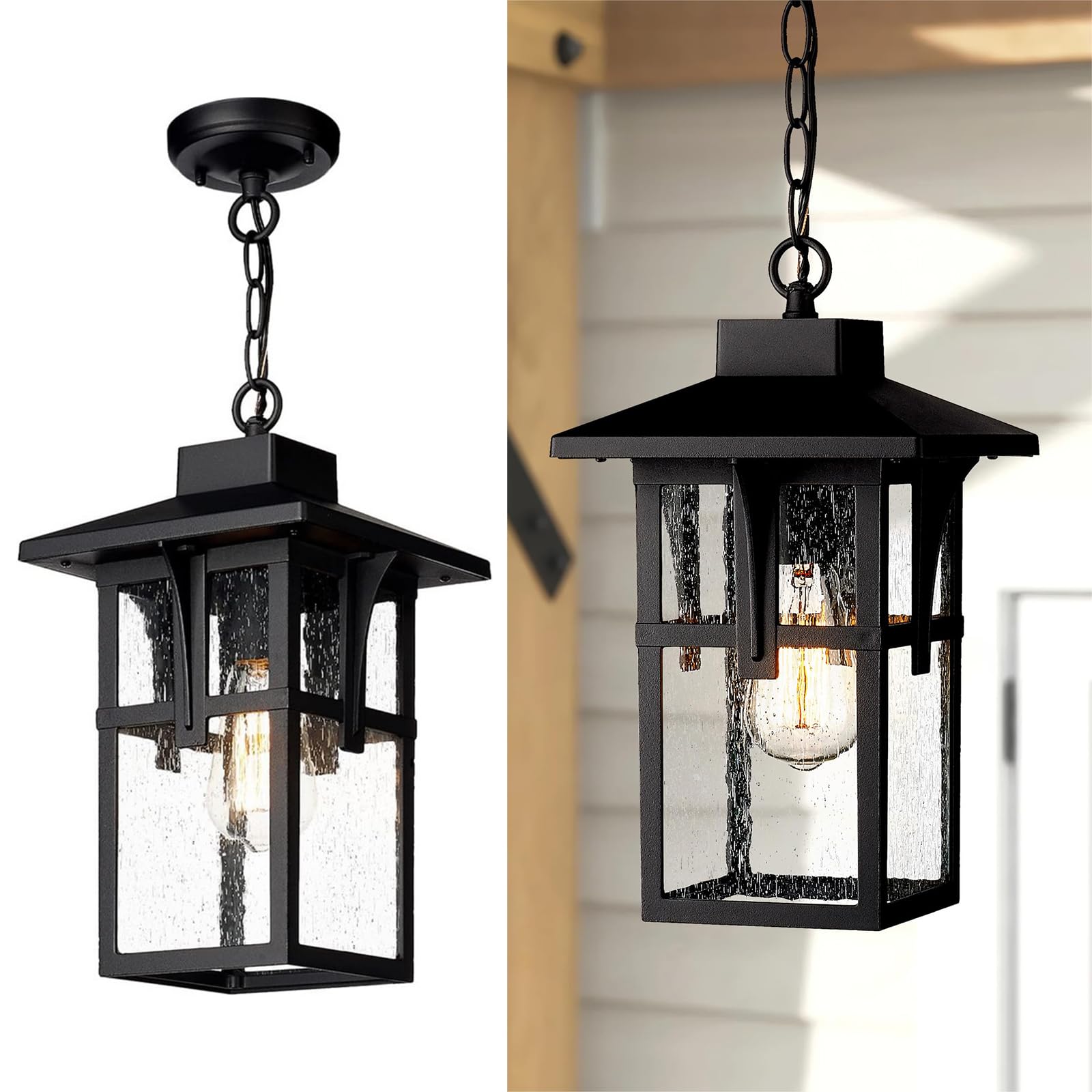 Exterior Ceiling Pendant Light for Hallway Porch, Modern Outdoor Hanging Light, Black Finish with Seeded Glass, ZX1H BK