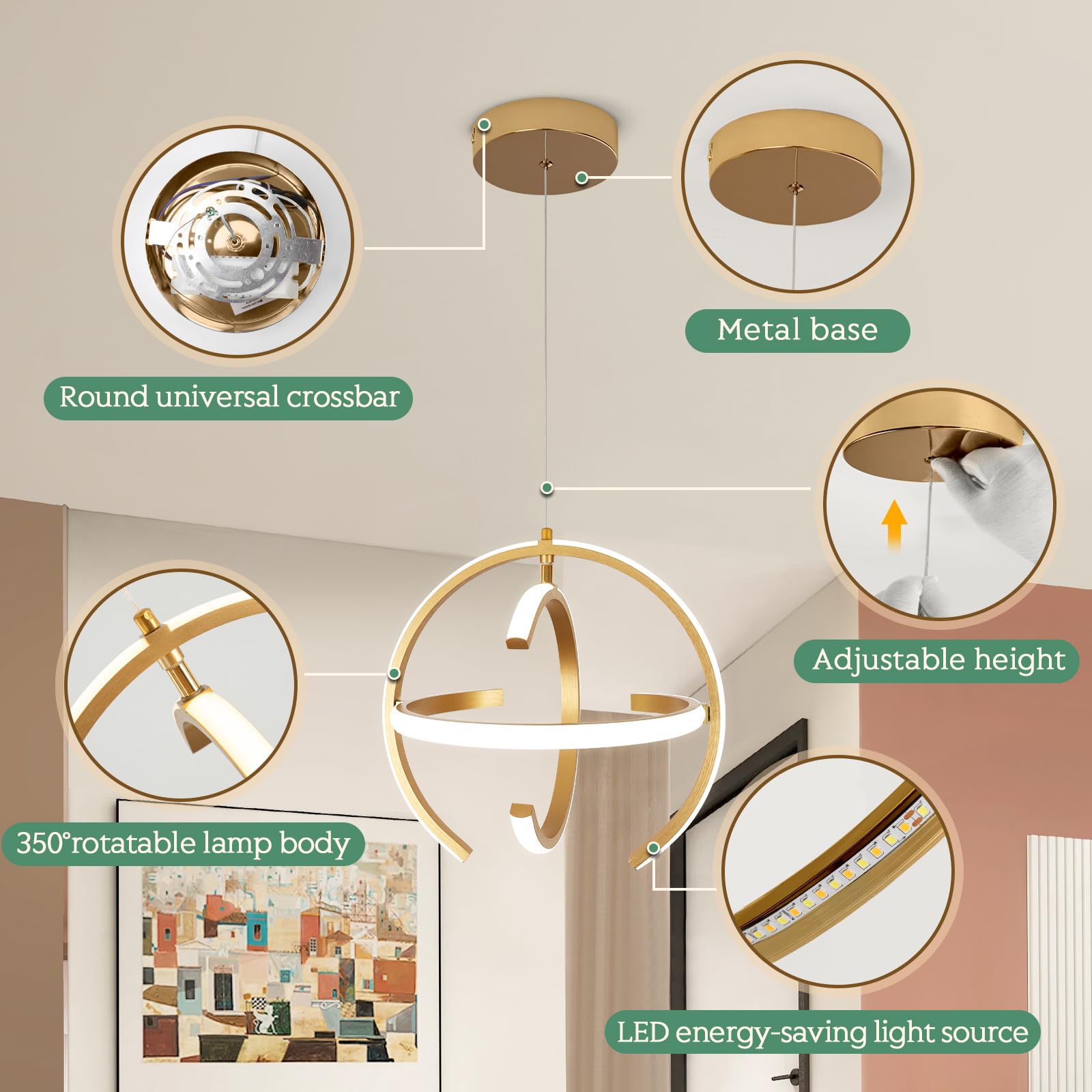 Modern Gold LED Chandelier, Dimmable Metal Brushed Globe Pendant Lights, Hanging Ceiling Light Fixture for Kitchen Island Living Room Room Dining Bedroom Hallway Entryway Foyer 13.8 Inchs