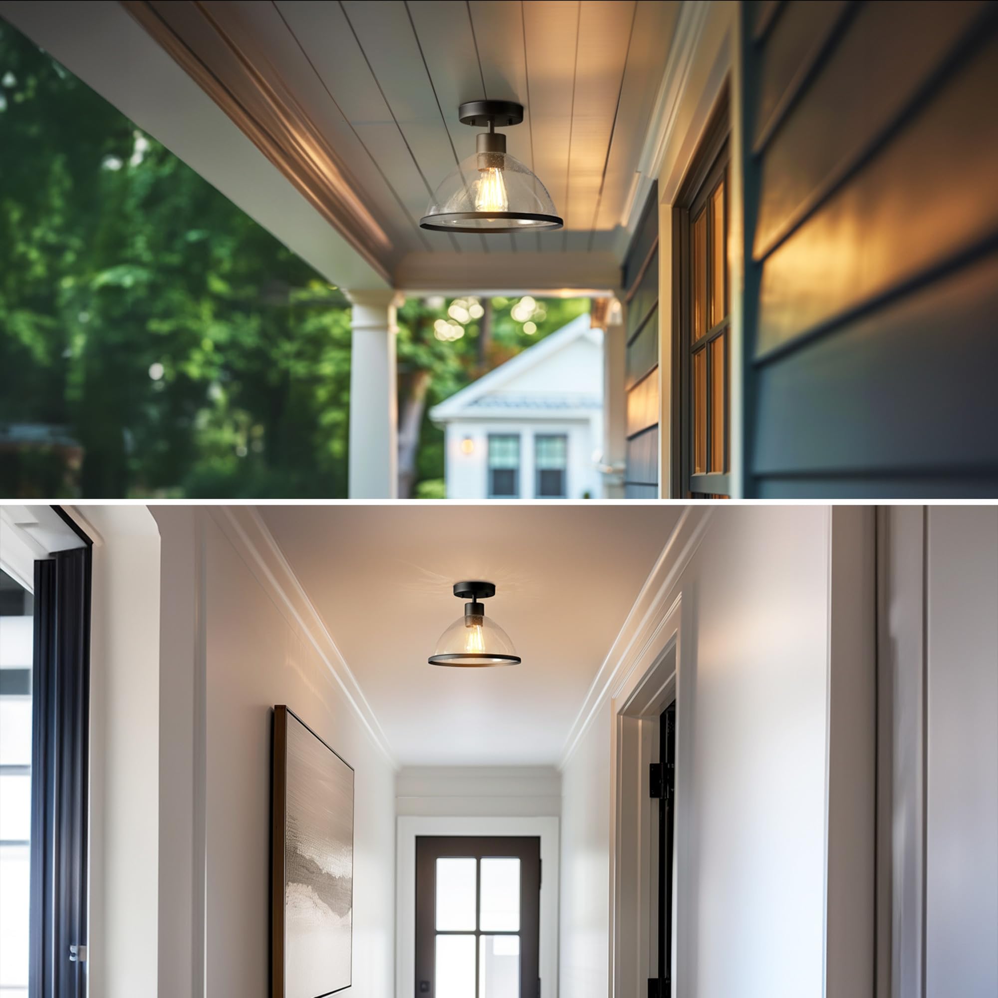 1-Light Outdoor/Indoor Semi-Flush Mount Ceiling Light, Oil Rubbed Bronze, Clear Seeded Glass Shade, Bulb Not Included