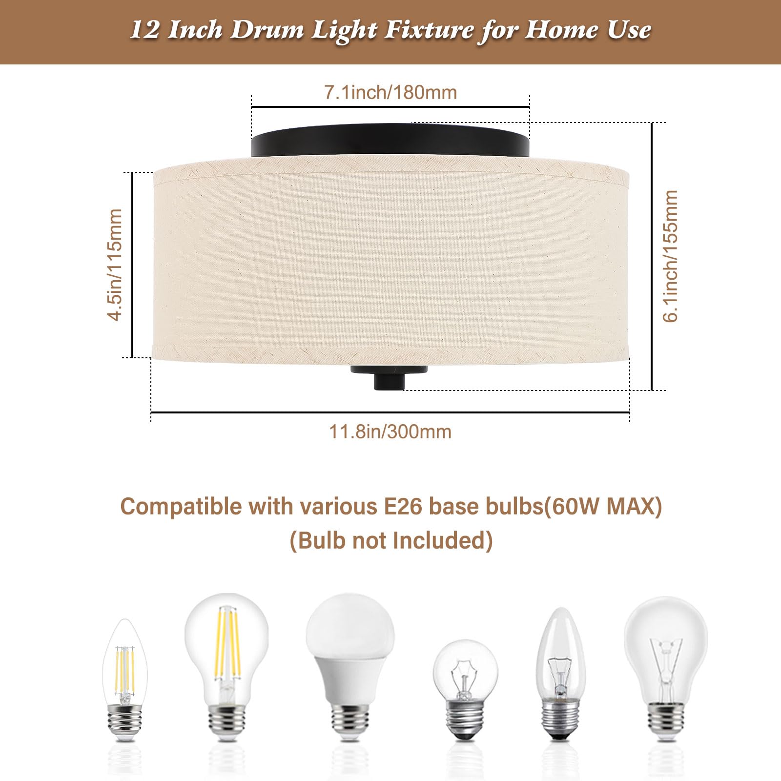 2-Light Flush Mount Ceiling Light Fixture, 12” Modern Close to Ceiling Light with White Fabric Linen Drum Shade, Round Ceiling Light for Bedroom Hallway Living Room Bathroom Dining Kitchen