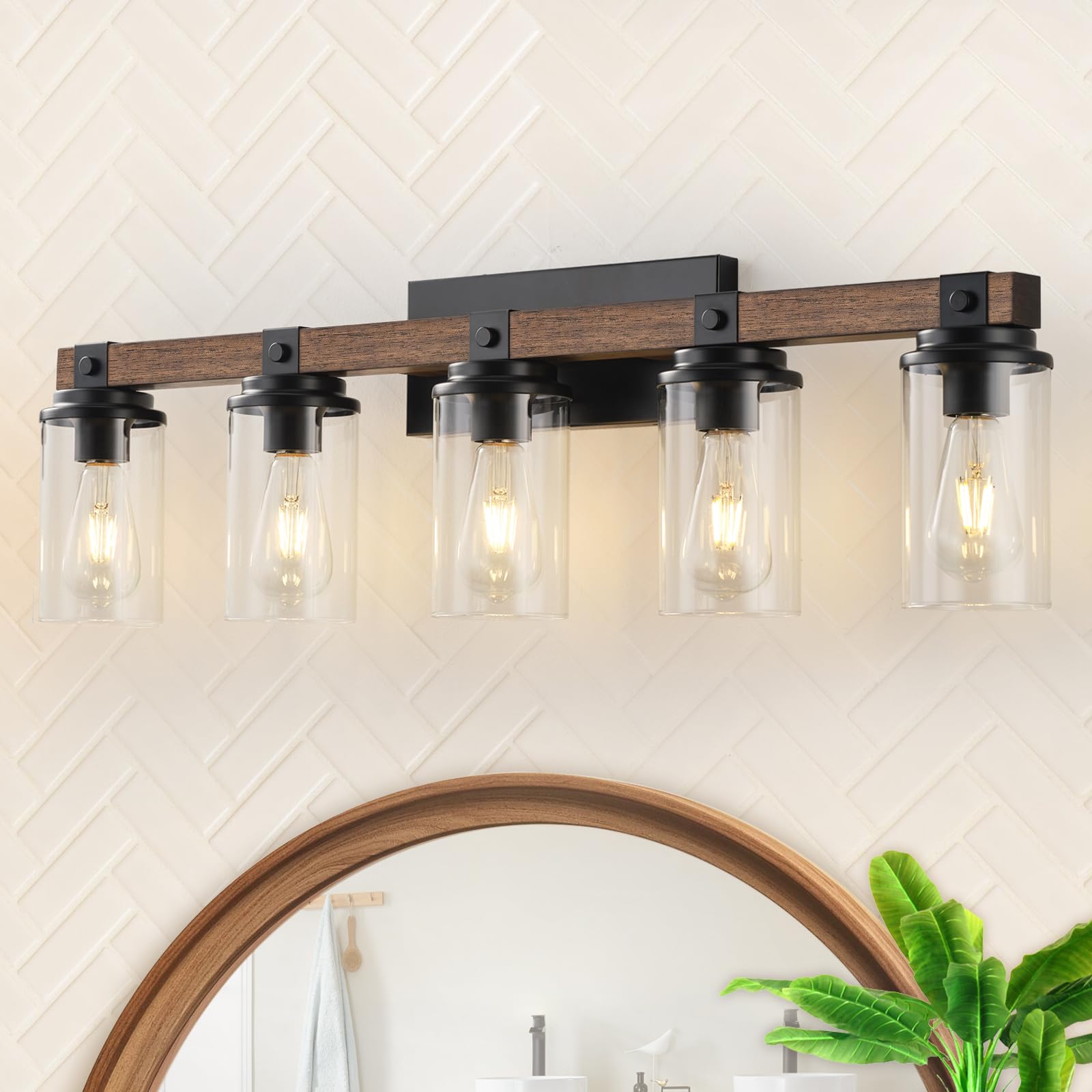 Farmhouse Bathroom Light Fixture Wood Black Vanity Lighting 2-Light Wooden Wall Sconce Industrial Rustic Wall Light Fixtures Over Mirror with Clear Glass Shade for Bathroom Hallway Kitchen Bedroom