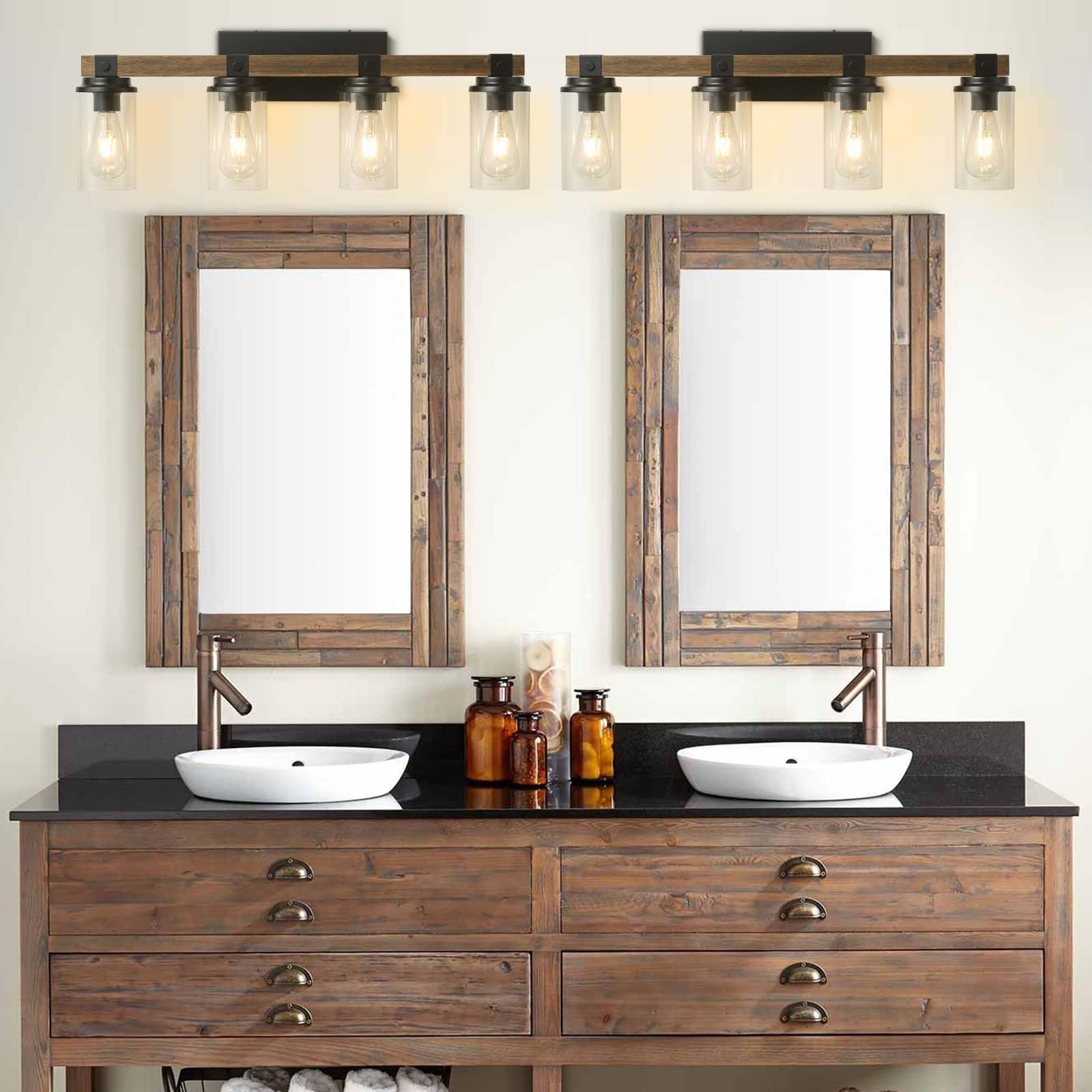 Farmhouse Bathroom Light Fixture Wood Black Vanity Lighting 2-Light Wooden Wall Sconce Industrial Rustic Wall Light Fixtures Over Mirror with Clear Glass Shade for Bathroom Hallway Kitchen Bedroom