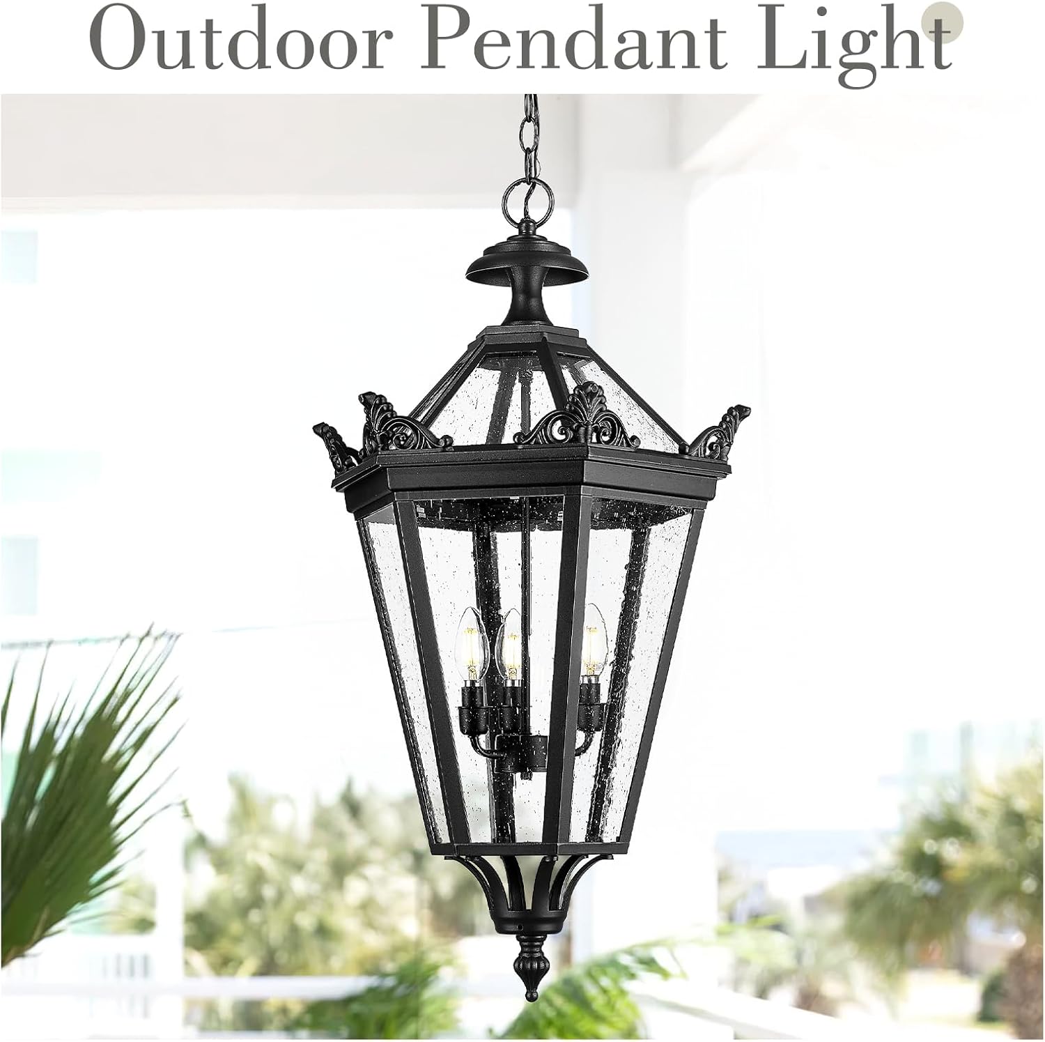 32 Inch Outdoor Front Door Hanging Light, Farmhouse Exterior Pendant Lantern Waterproof Ceiling Mount with Seeded Glass, Black Finish, XE283H BK