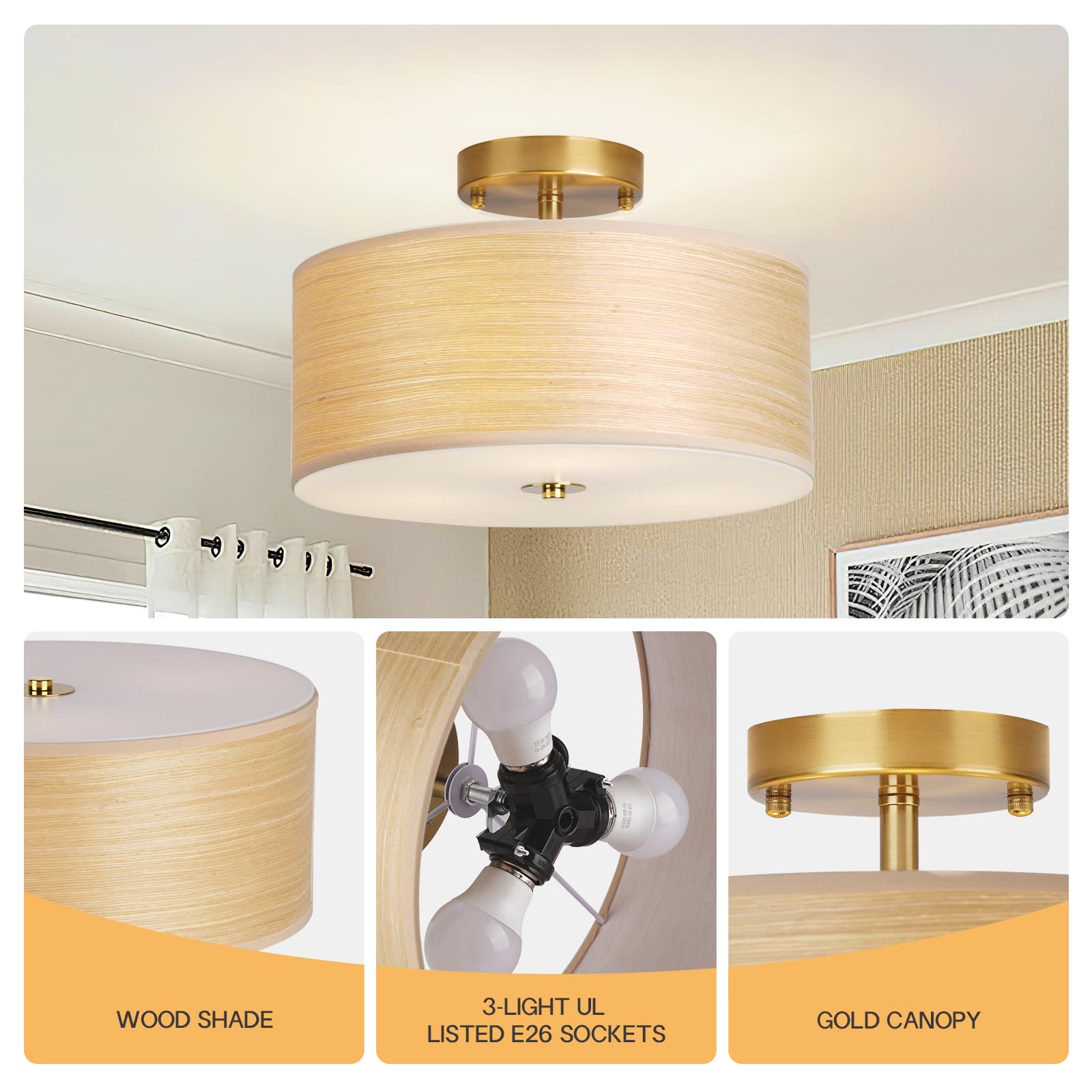 Gold Drum Ceiling Light Fixture, 13" Semi Flush Mount with Natural Wood Shade, Modern Farmhouse Close to Ceiling Lamp for Bedroom, Dining Room, Kitchen, Hallway, Entryway, Foyer