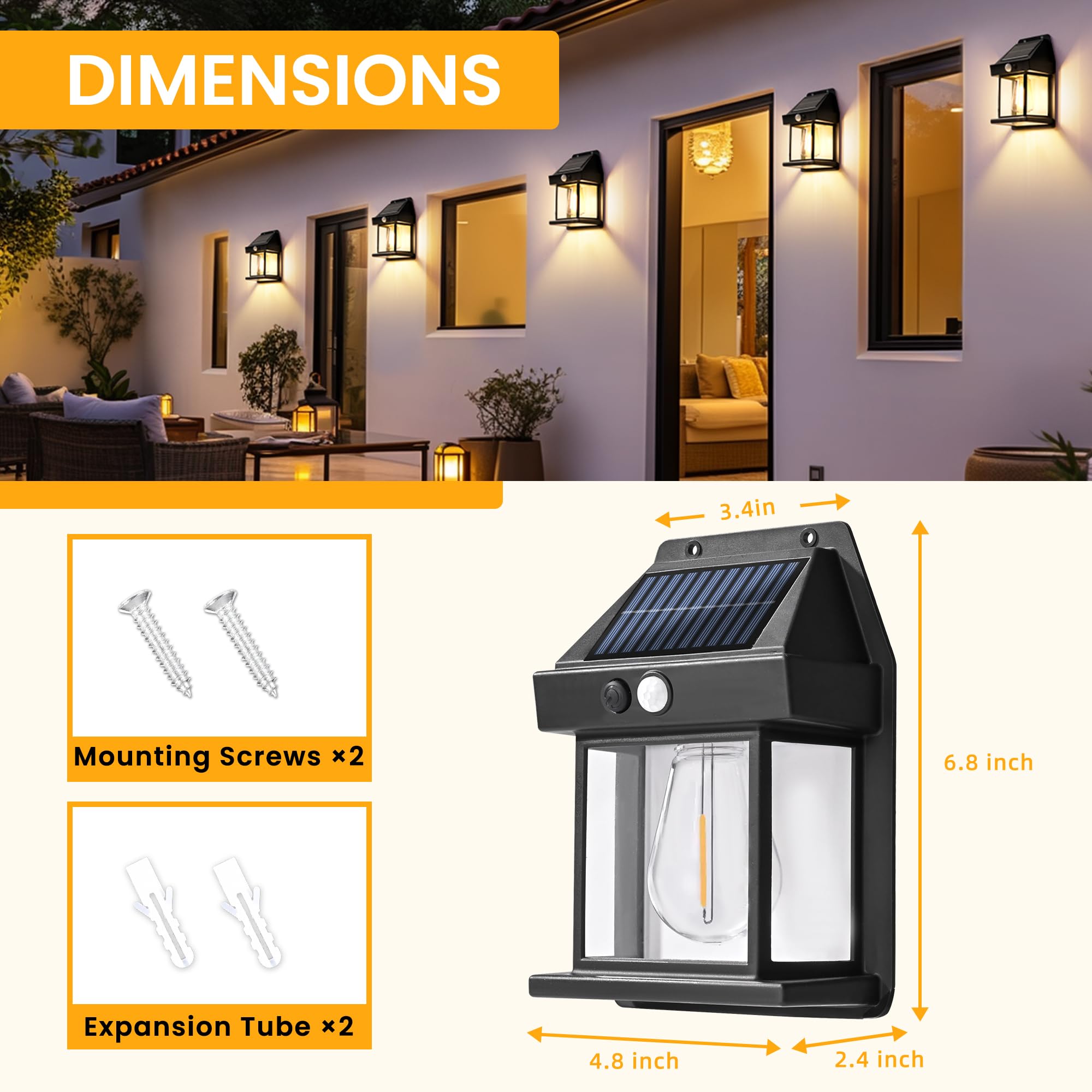 Solar Wall Lights Outdoor, Dusk to Dawn Motion Sensor Lights Waterproof, 2 Pack Motion Sensor Solar Porch Lights with 3 Modes, for Patio, Garage, Shed