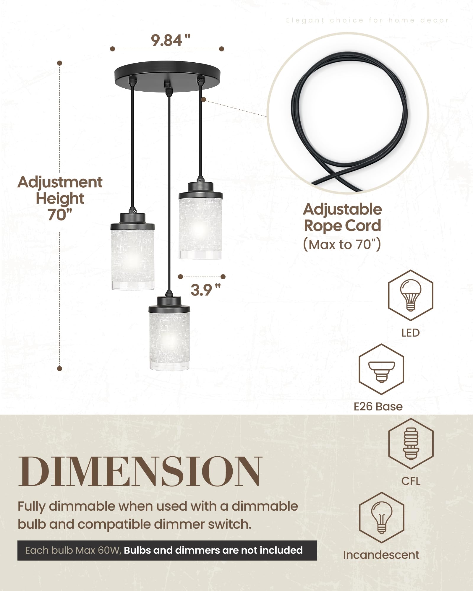 TENGXIN 3-Lights Modern Pendant Light with Glass Shade Brushed Nickel Pendant Lighting Adjustable Industrial Retro Style Hanging Light Fixture for Kitchen, Farmhouse