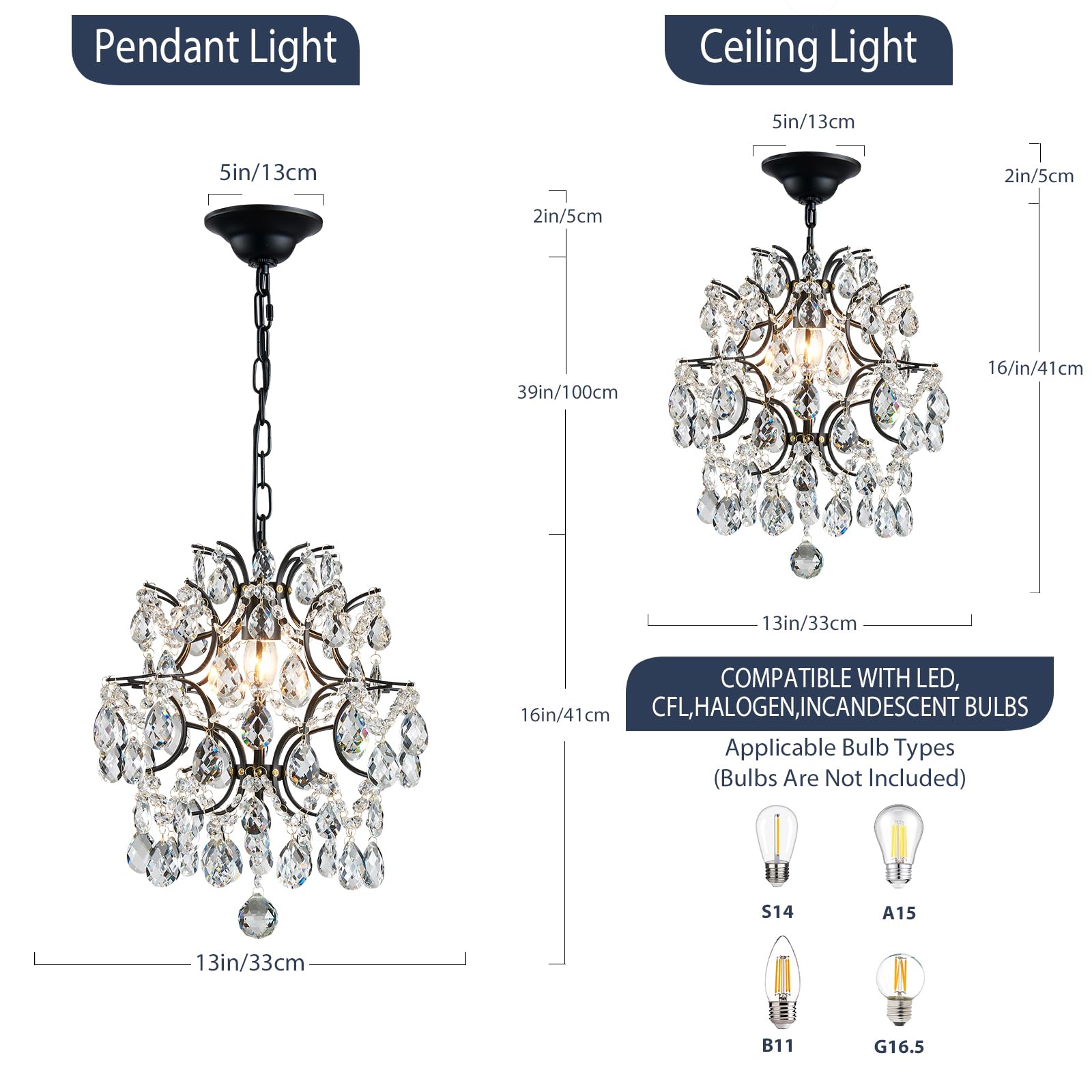 Bestier Modern Pendant Chandelier Crystal Raindrop Lighting Ceiling Light Fixture Lamp for Dining Room Bathroom Bedroom Livingroom entryway 3 E12 Bulbs Required D16 in x H18 in