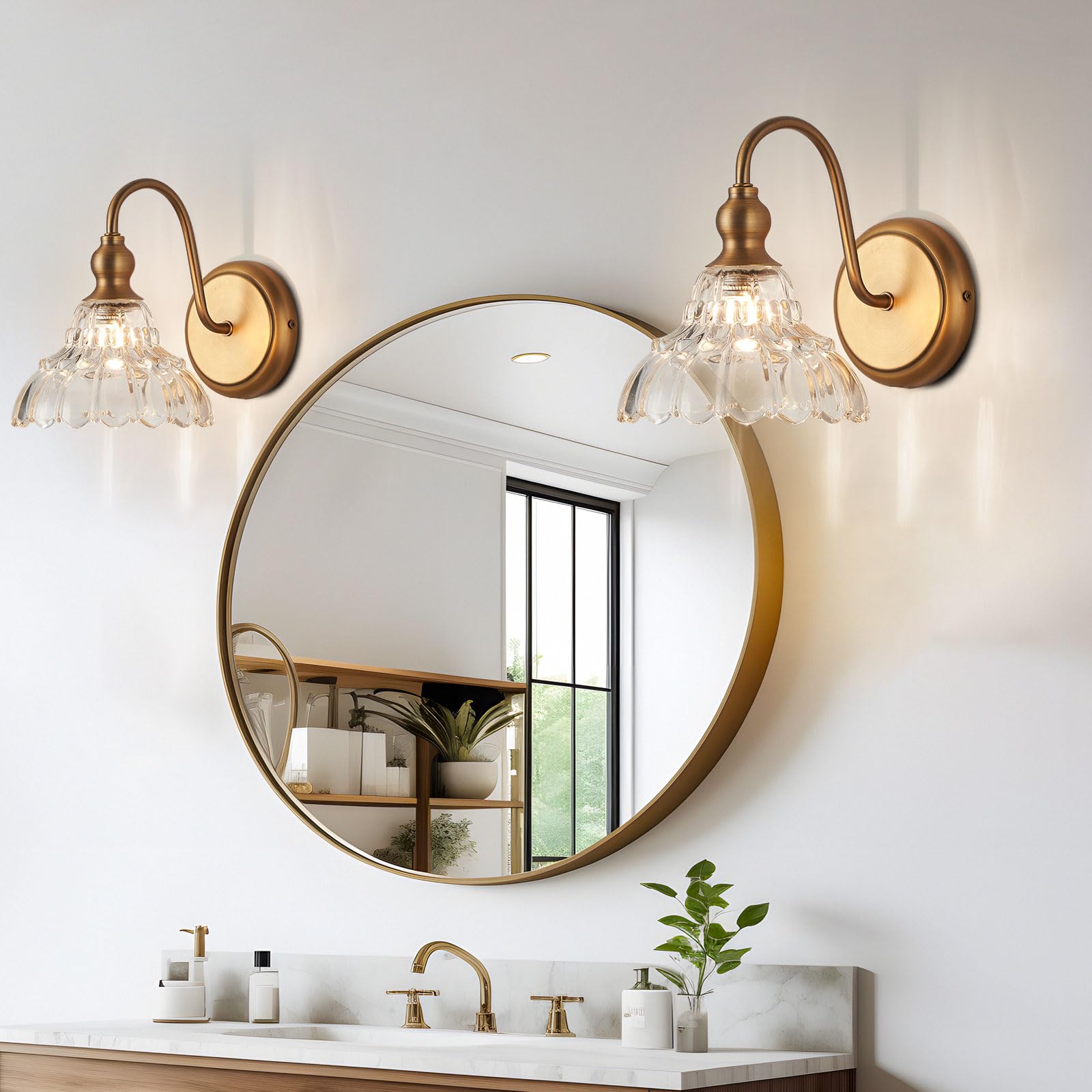 2-Pack Modern Wall Sconces Gold Bathroom Vanity Lighting Fixtures Beautiful Wall Light Set of Two for Bedroom Bathroom Hallway Living Room Decor