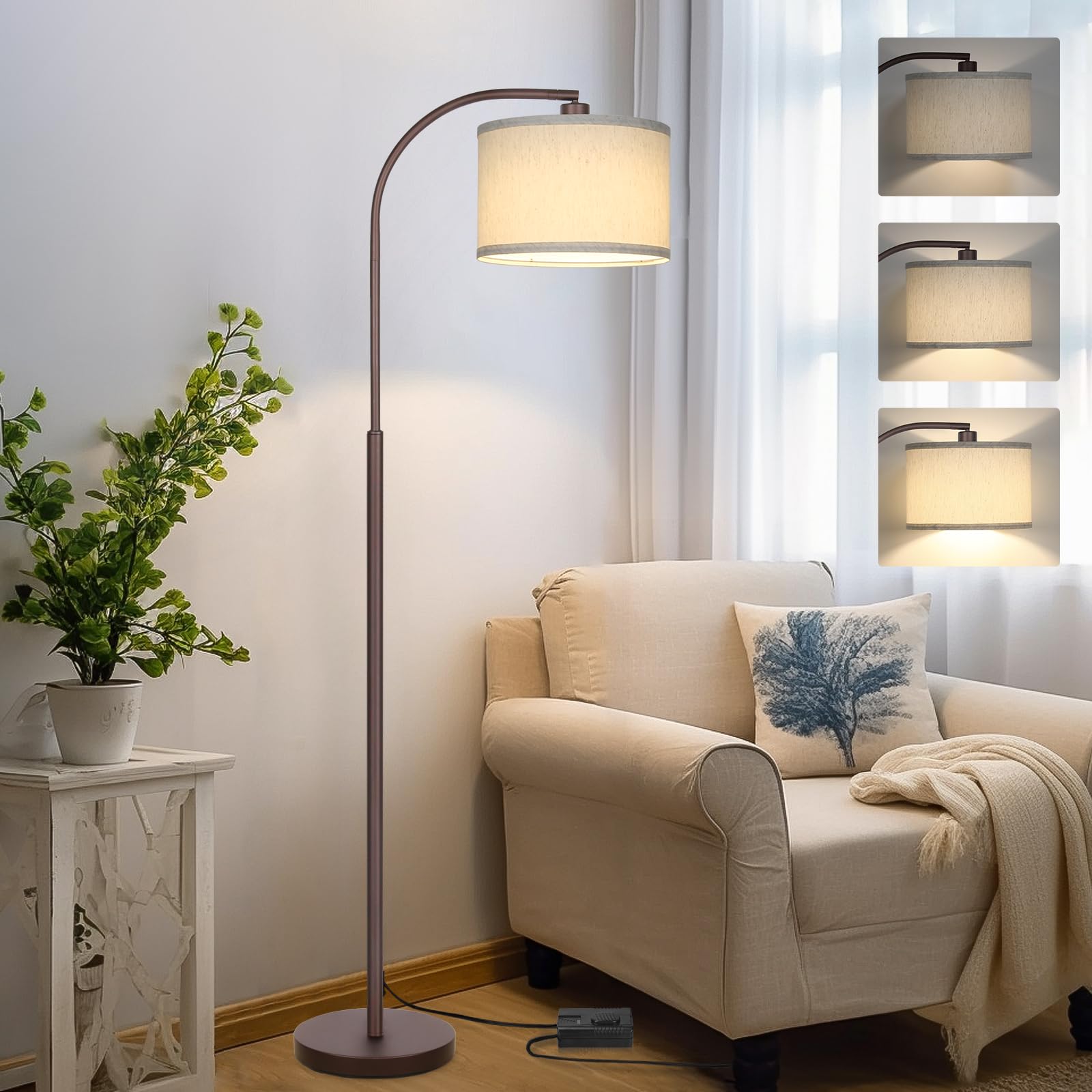 LED Floor Lamp Fully Dimmable Modern Standing Lamp Arc Floor Lamp with Adjustable Drum Shade, Gold Tall Pole Reading Lamp Corner Light for Living Room Bedroom Study Room, Bulb Included