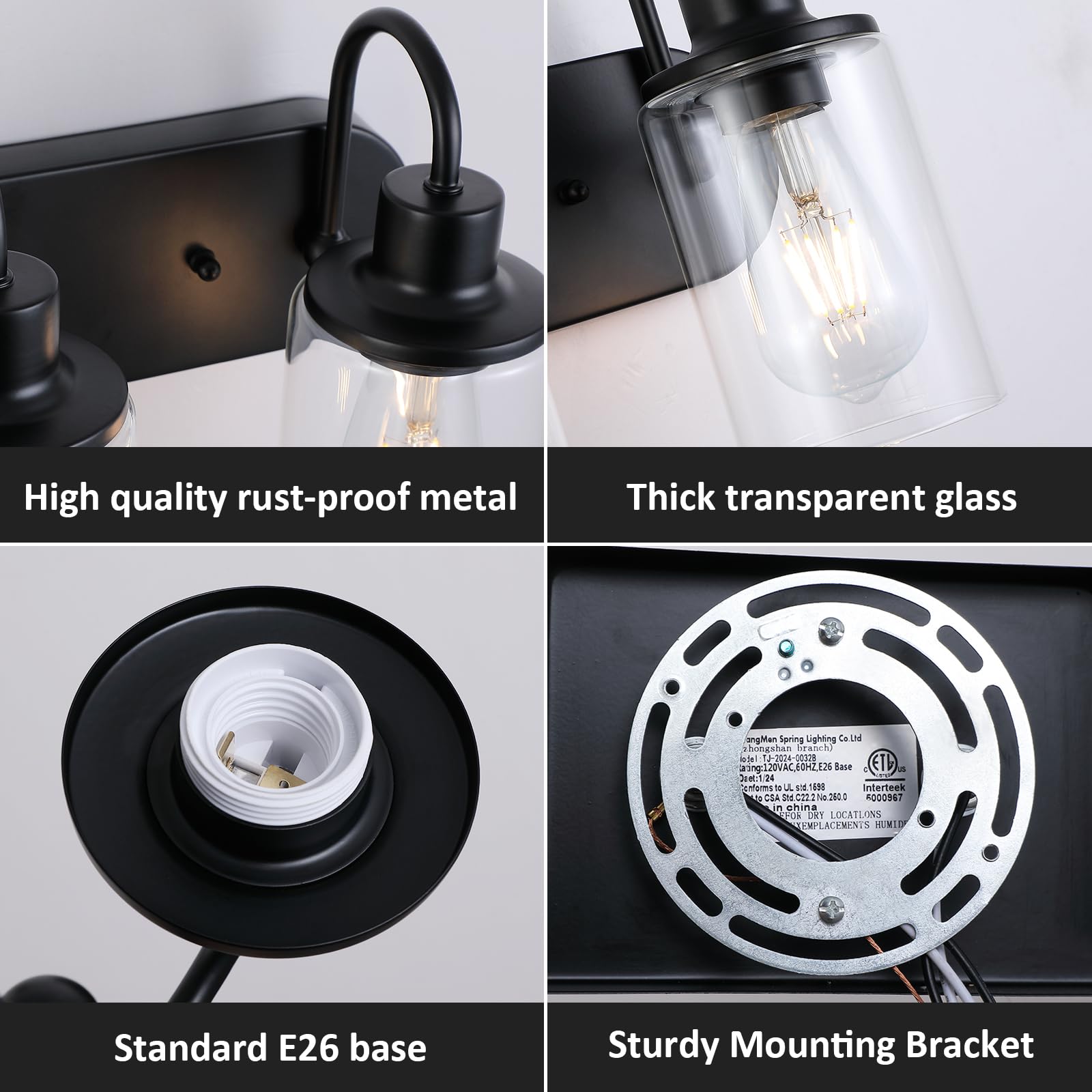 Matte Black Bathroom Light Fixtures Over Mirror,2-Light Bathroom Vanity Light with Clear Glass Shade,Modern Farmhouse Wall Sconces Lighting for Kitchen Living Room Bedroom Cabinet