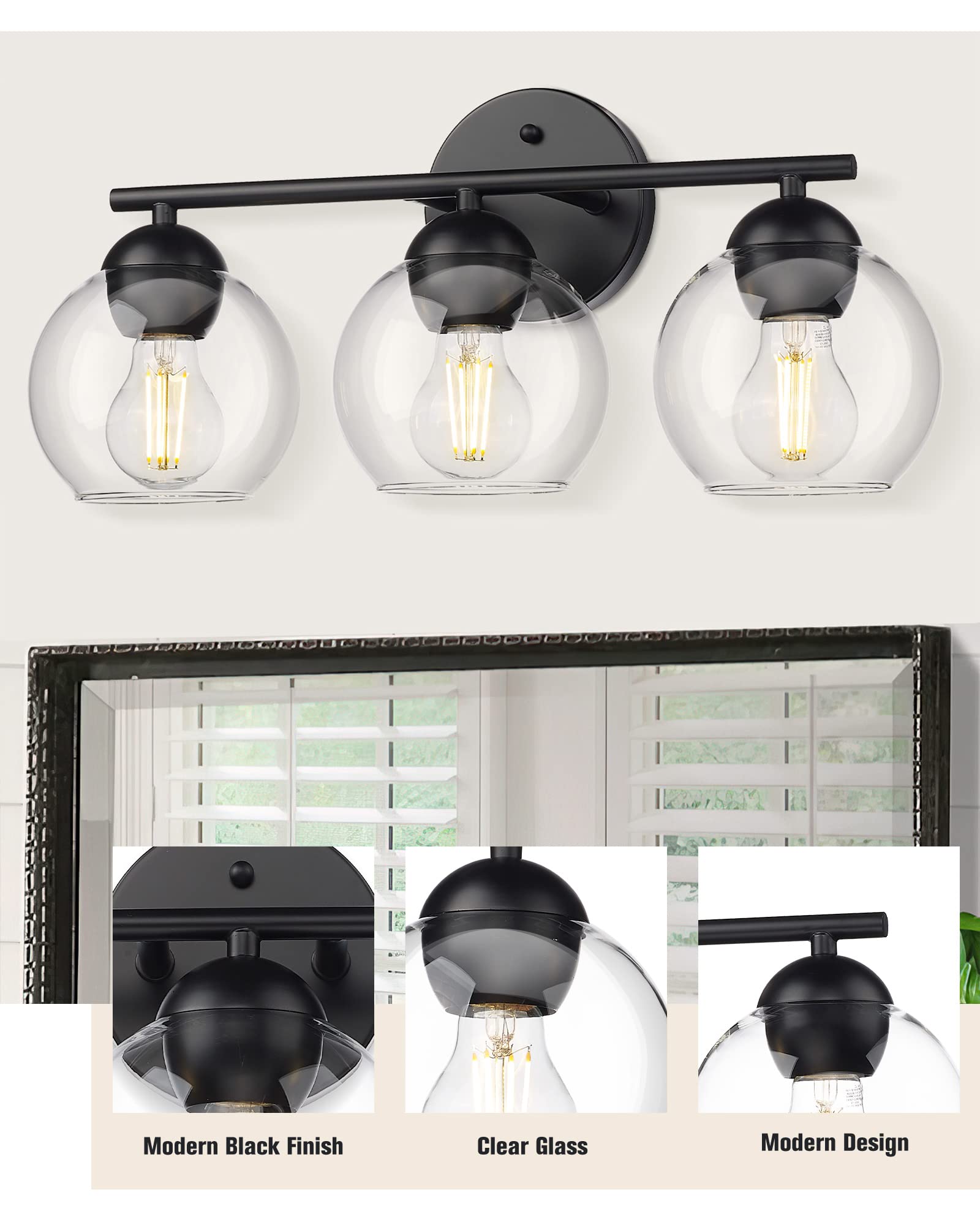 Black Vanity Lights for Mirror, Modern Farmhouse 2-Light Bathroom Light Fixtures Globe Bathroom Vanity Light with Milk Glass Shade, VL114-BK-ML-2