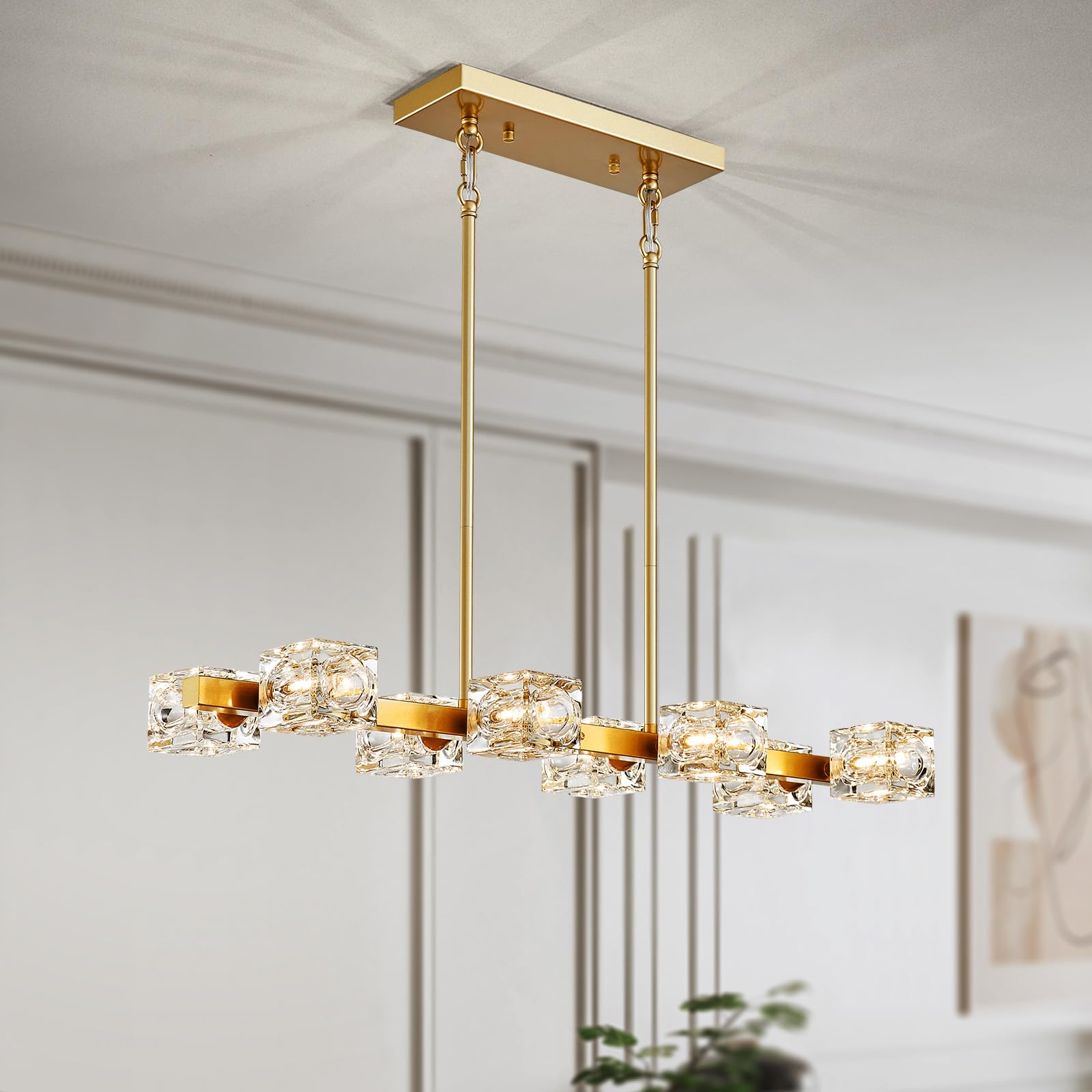 XINGQI Gold Chandelier Sputnik 8-Light Modern Farmhouse Glass Light Fixtures Rectangle Linear Chandelier for Dining Room Living Room Bedroom Kitchen Island