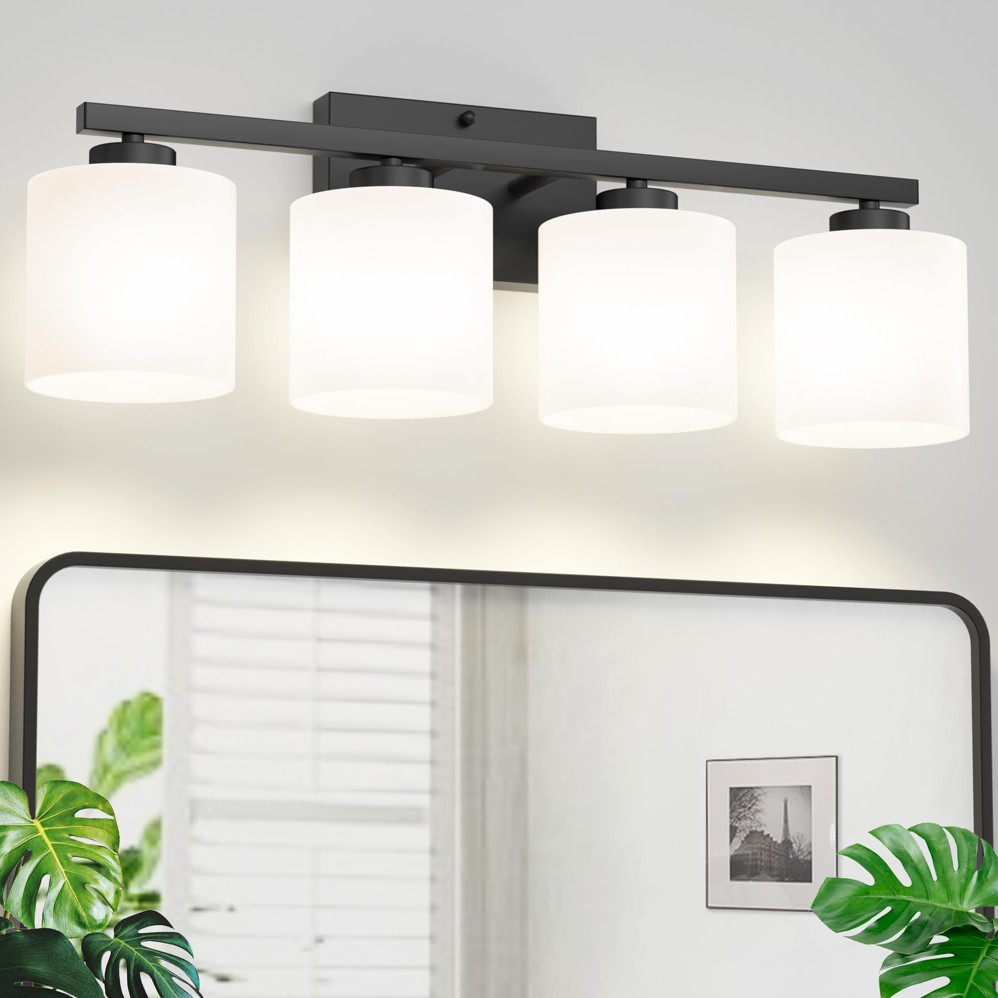 Honesorn Bathroom Light Fixtures 4-Light, Matte Black Bathroom Vanity Light Over Mirror, Modern Vanity Lights for Bathroom with Frosted Shade & Anti-Rust Nickel Finished, E26 Base Vanity Lighting