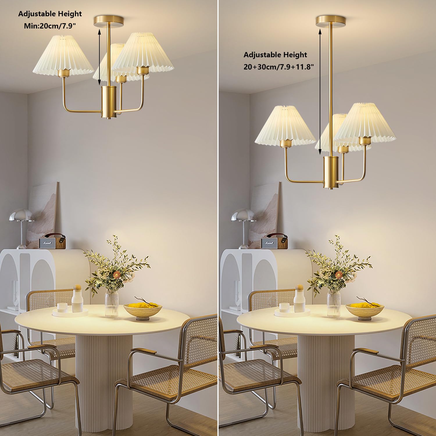 Lighting 3-Lights Pleated Chandelier White Fabric Pendant Light Fixtures Mid Century Modern Gold Sputnik Chandelier Vintage Classic Chandeliers for Dining Room Bedroom