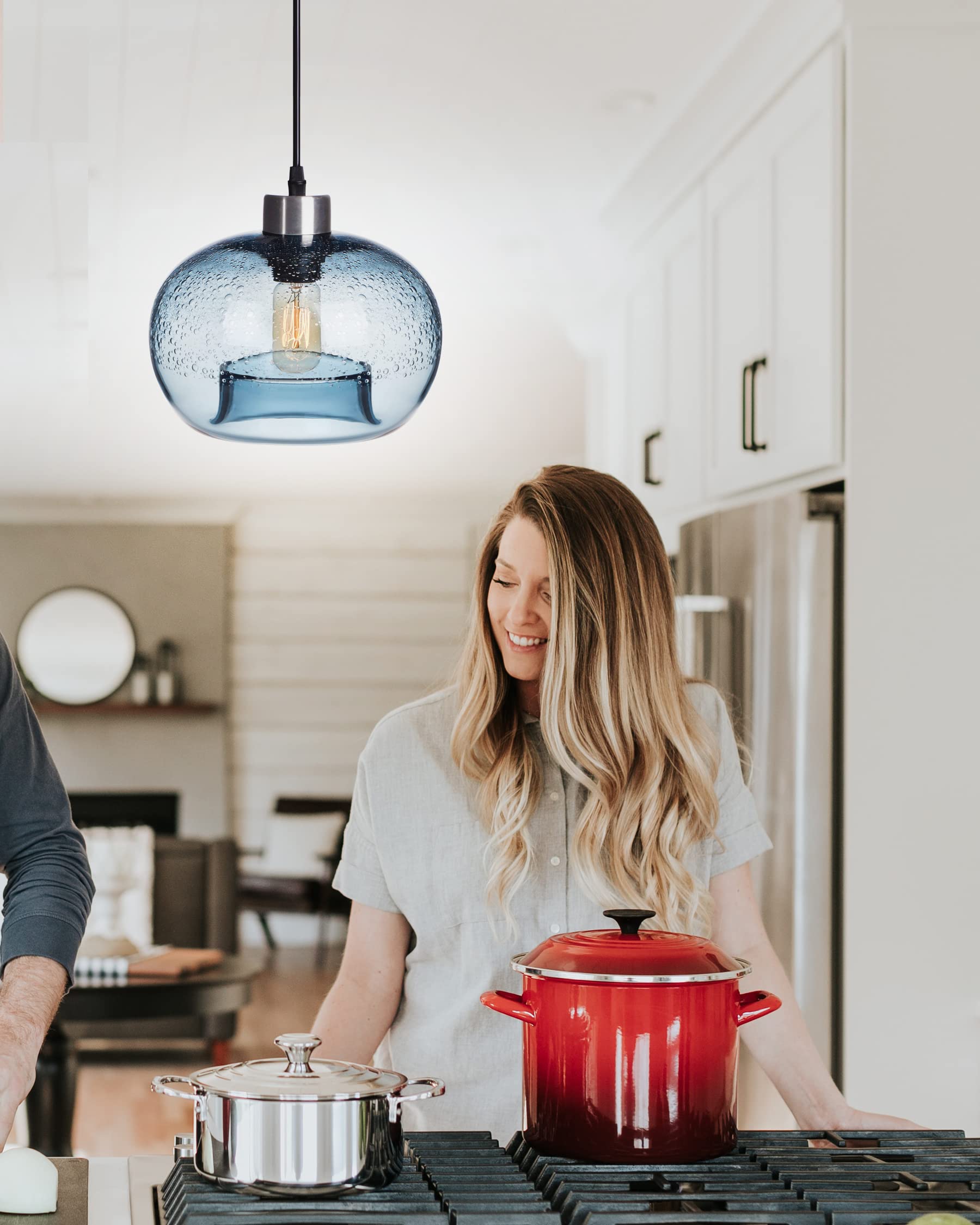 Pendant Lights Kitchen Island Hand Blown Glass Lighting Marble Blue Modern Farmhouse Foyer Entryway Light Fixtures Ceiling Hanging Globe Over Table Sink Brushed Nickel 9 Inch Diam