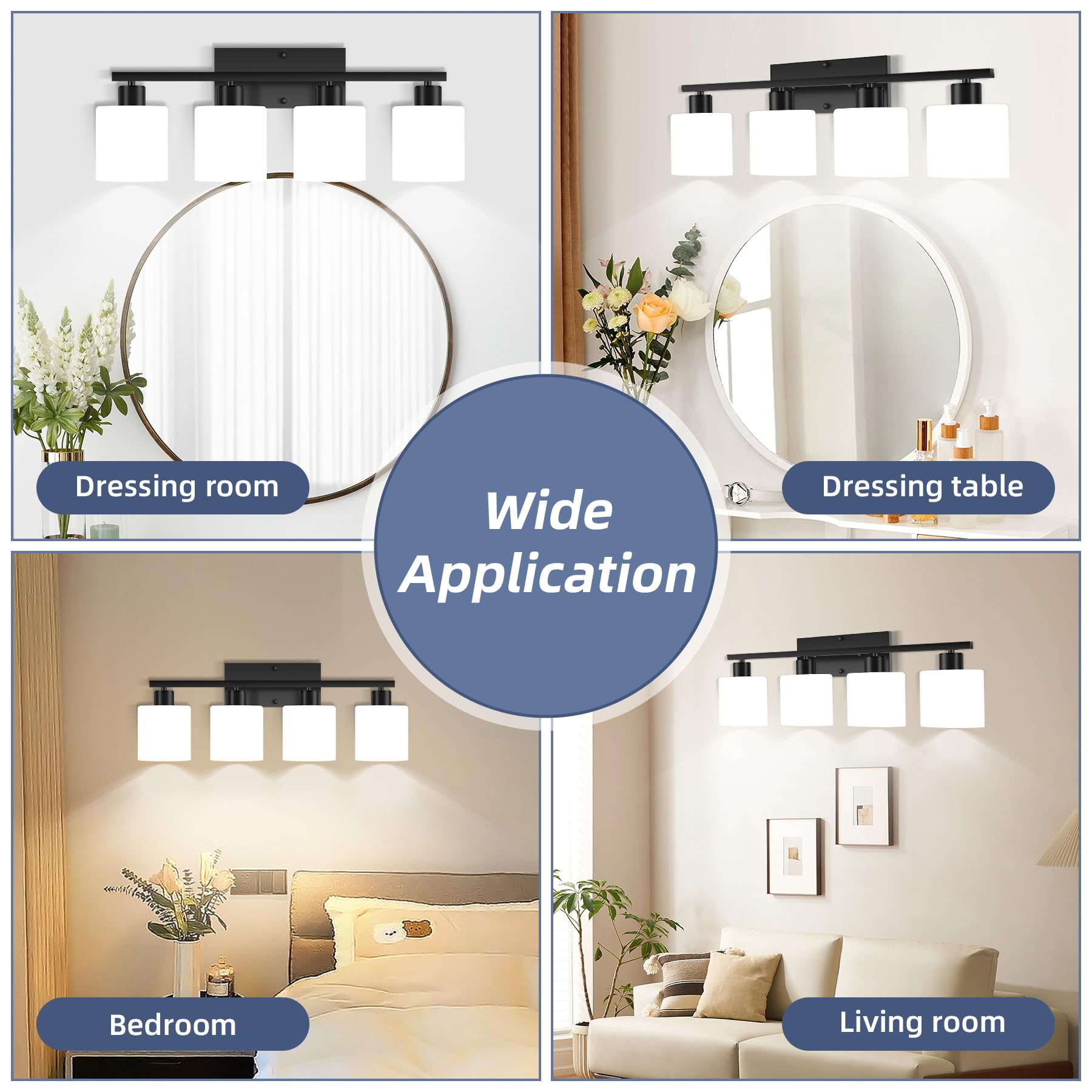 Black Bathroom Lighting Fixtures Over Mirror, Modern 2-Light Vanity Lights Fixtures, Rustproof Wall Sconces Light for Bedroom, Hallway, Milky White Glass Shades, E26 Base, Bulbs Not Included