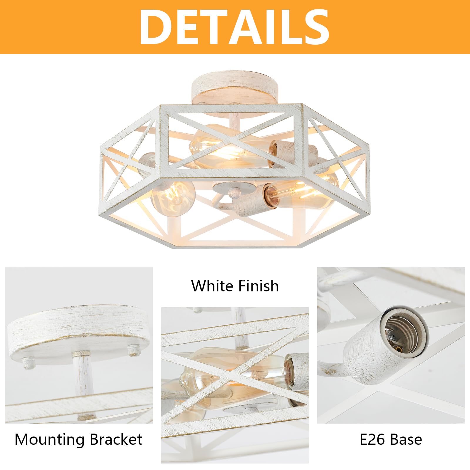 Semi Flush Mount Ceiling Light Fixture, Modern Farmhouse 3-Light Black Ceiling Light, Industrial Close to Ceiling Light with Metal Hexagon Cage Ceiling Lamp for Kitchen, Hallway, Bathroom