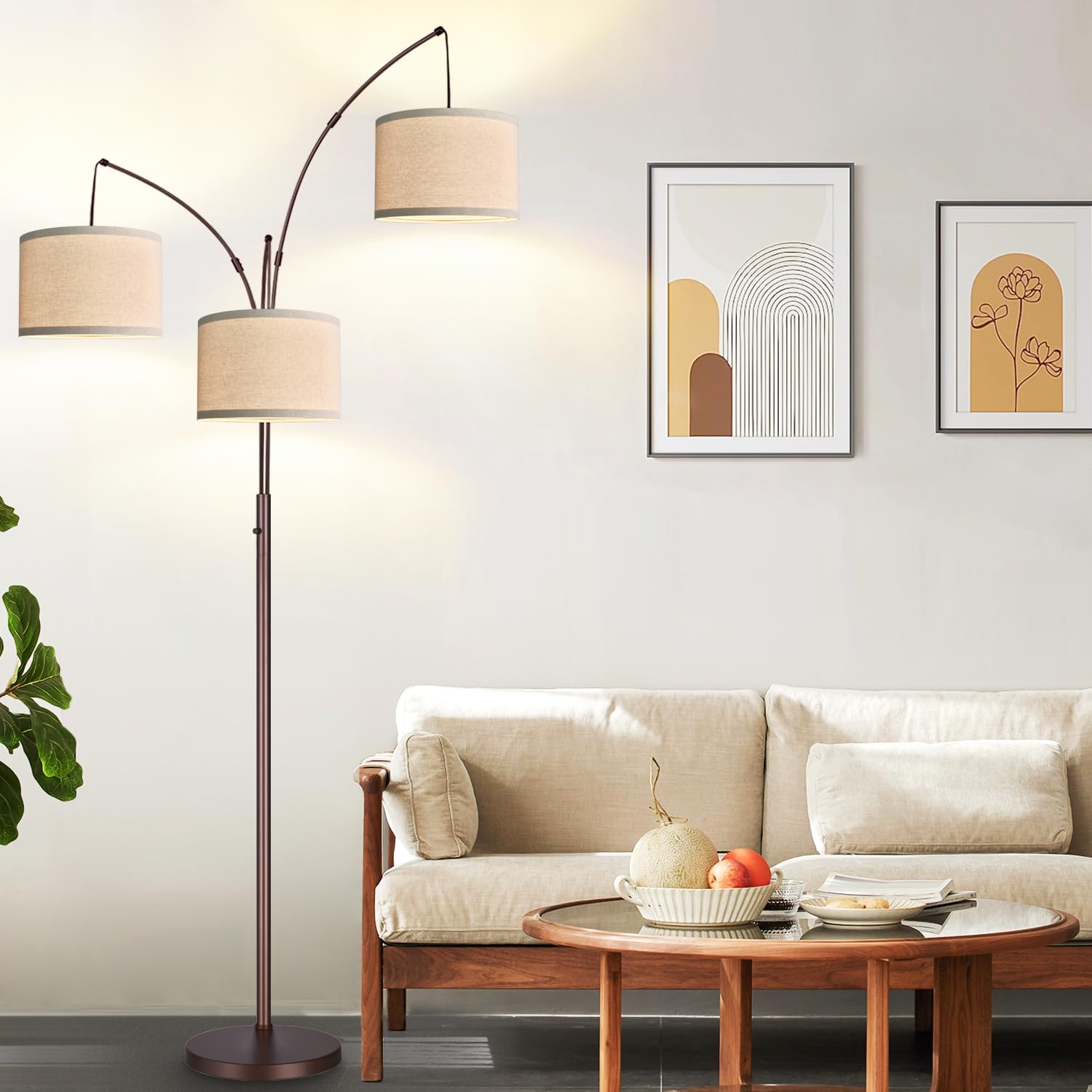 Dimmable Floor Lamp - 3 Lights Arc Floor Lamps for Living Room, 1000LM Modern Tall Standing Lamp with Beige Shades & Heavy Base, Mid Century Tree Floor Lamp for Bedroom Office, 3 LED Bulbs Included