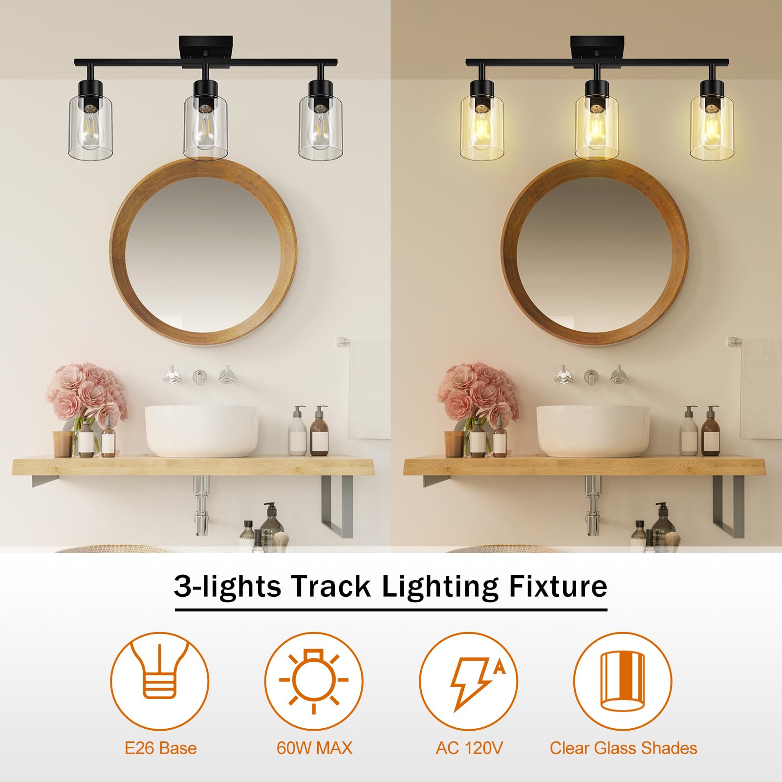 LED 4 Light Track Lighting Kit, 4 Way Ceiling Spot Lighting with Glass Lampshade, Flexibly Rotatable Light Head for Kitchen, Living Room, Bedroom, Bulb Not Included