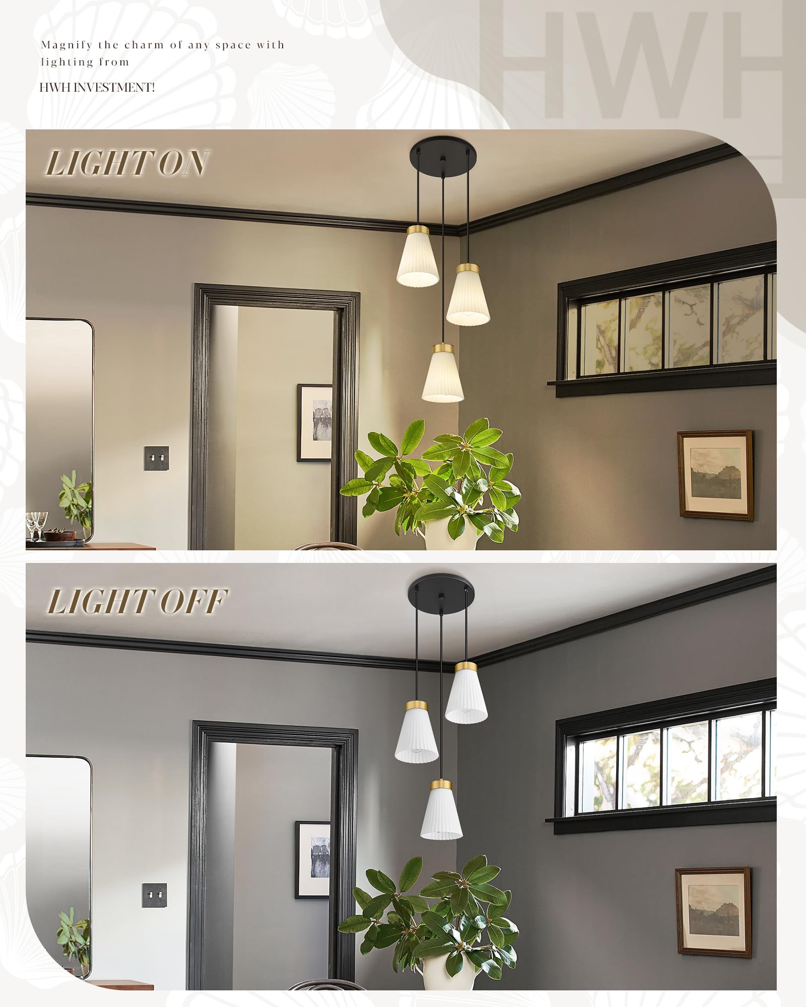 3-Light Pendant Lighting, HWH Modern Glass Pendant Lights Kitchen Island 3-Cluster, Adjustable Hanging Light Fixture Black Gold Finish Frosted Milk White Shade, 5HZG97-3 BK+BG