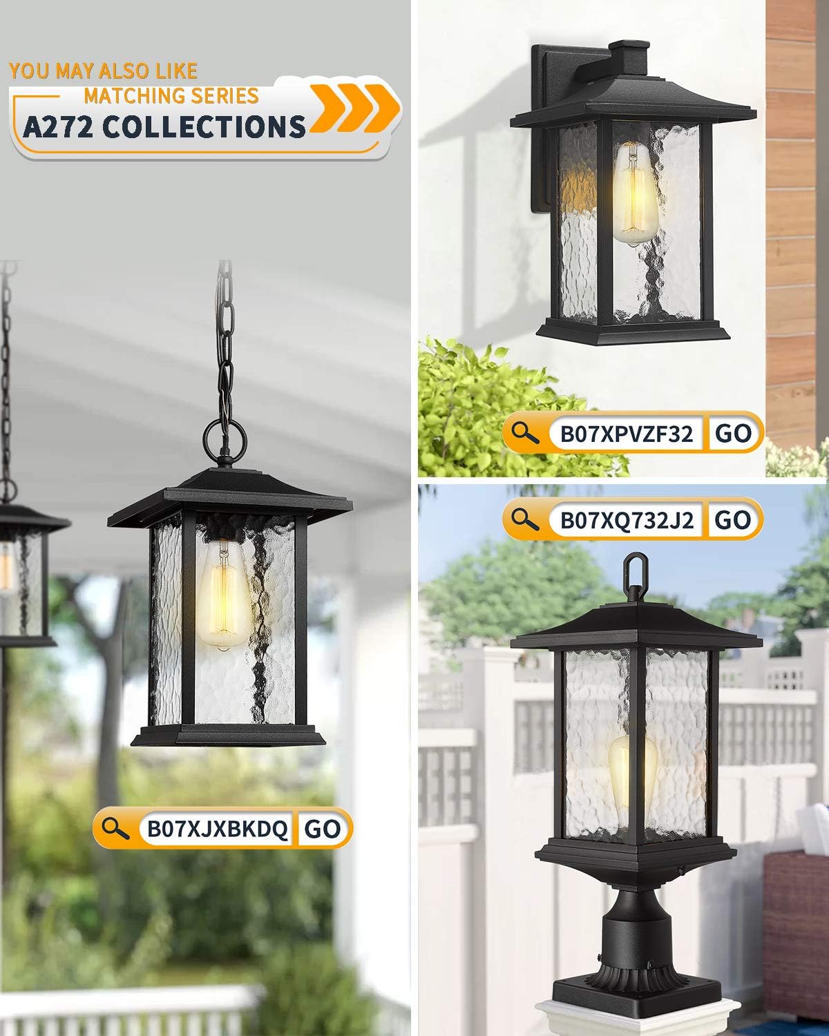 Outdoor Pendant Lights for Porch, 14"H Large Exterior Hanging Lantern Chandelier, Black Cast Aluminum w/Water Glass - A272H-1PK