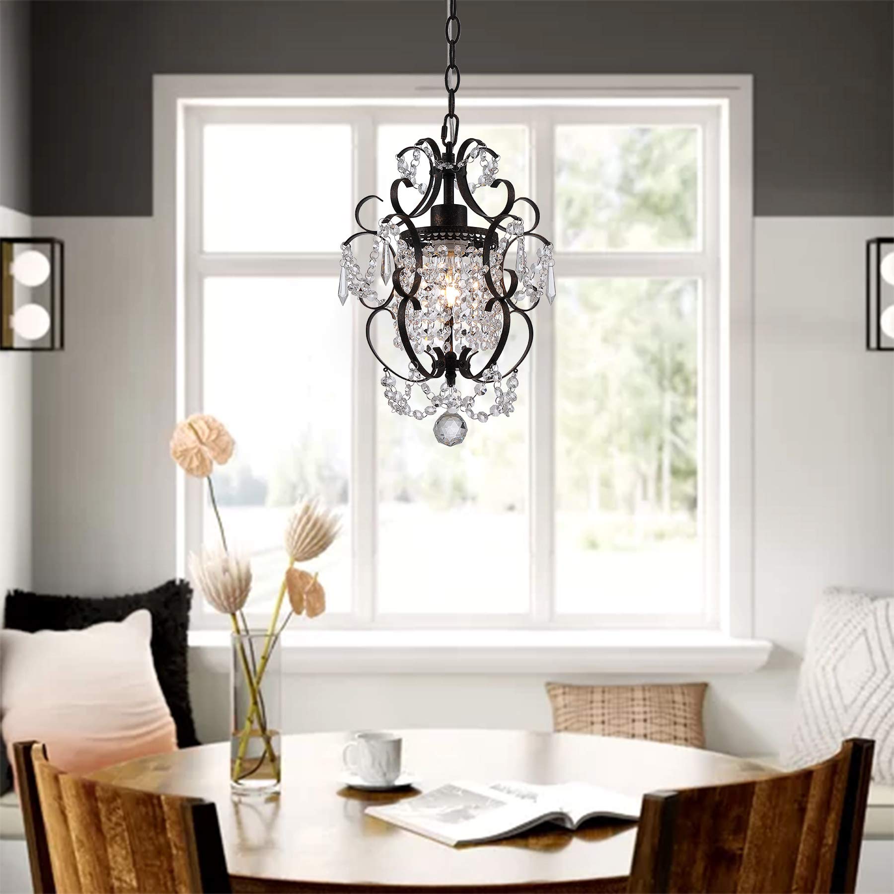 Mini Chandelier White Crystal Chandelier 1 Light Elegant Chandelier Crystal Iron Ceiling Light Fixture for Bedroom,Farmhouse,Foyer