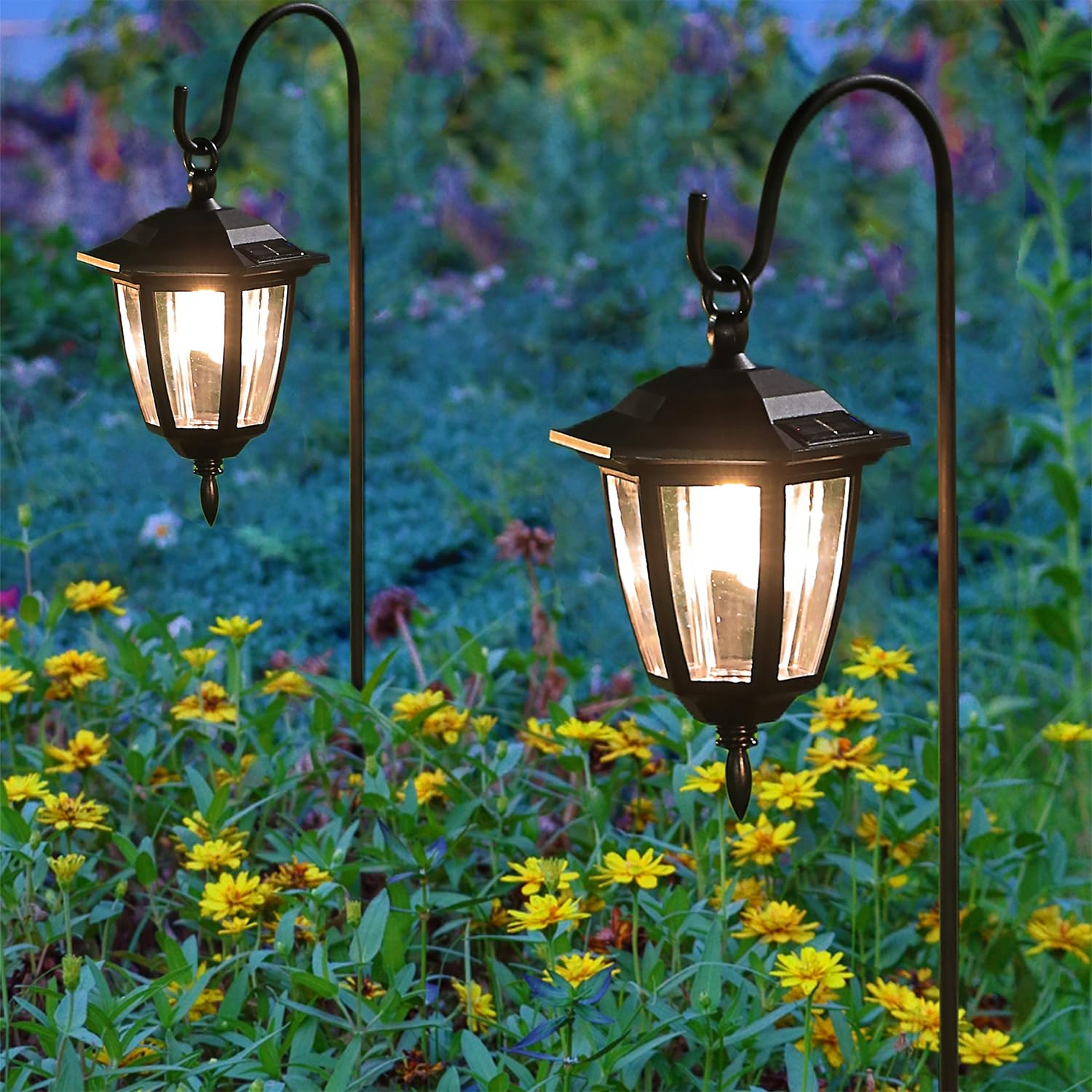 4 Pack Solar Hanging Lights Outdoor, Solar Powered Garden Decorative Lanterns with 4 x 38 Inch Shepherd Hooks, Waterproof Landscape Lighting for Lawn Patio Yard Pathway Driveway, Warm White