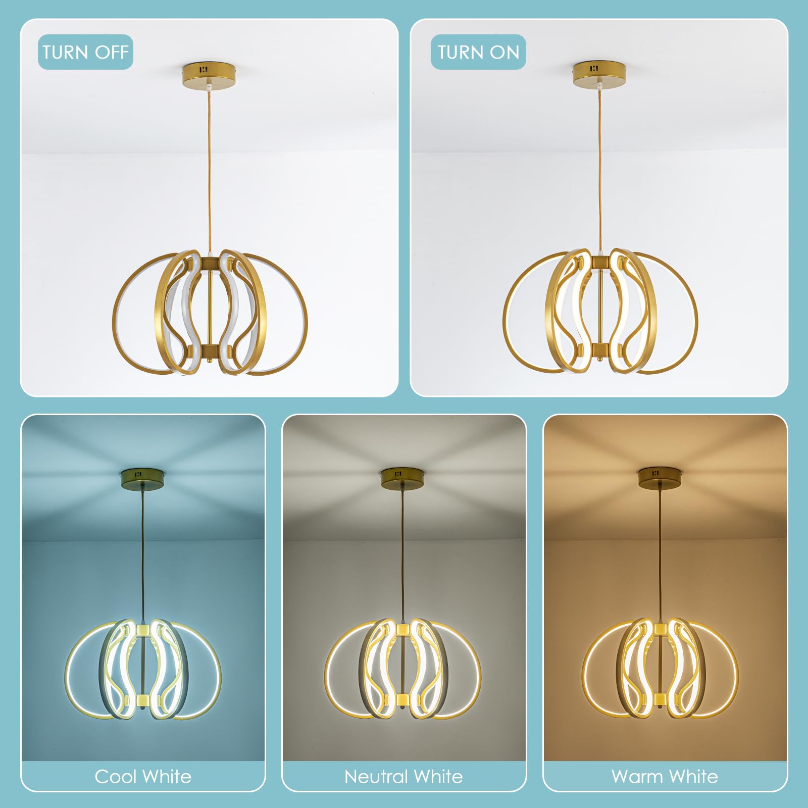 Modern LED Chandelier Gold Pendant Light Dimmable Contemporary Chandeliers for Dining Room Kitchen Living Room Foyer Entryway 3000K-6000K