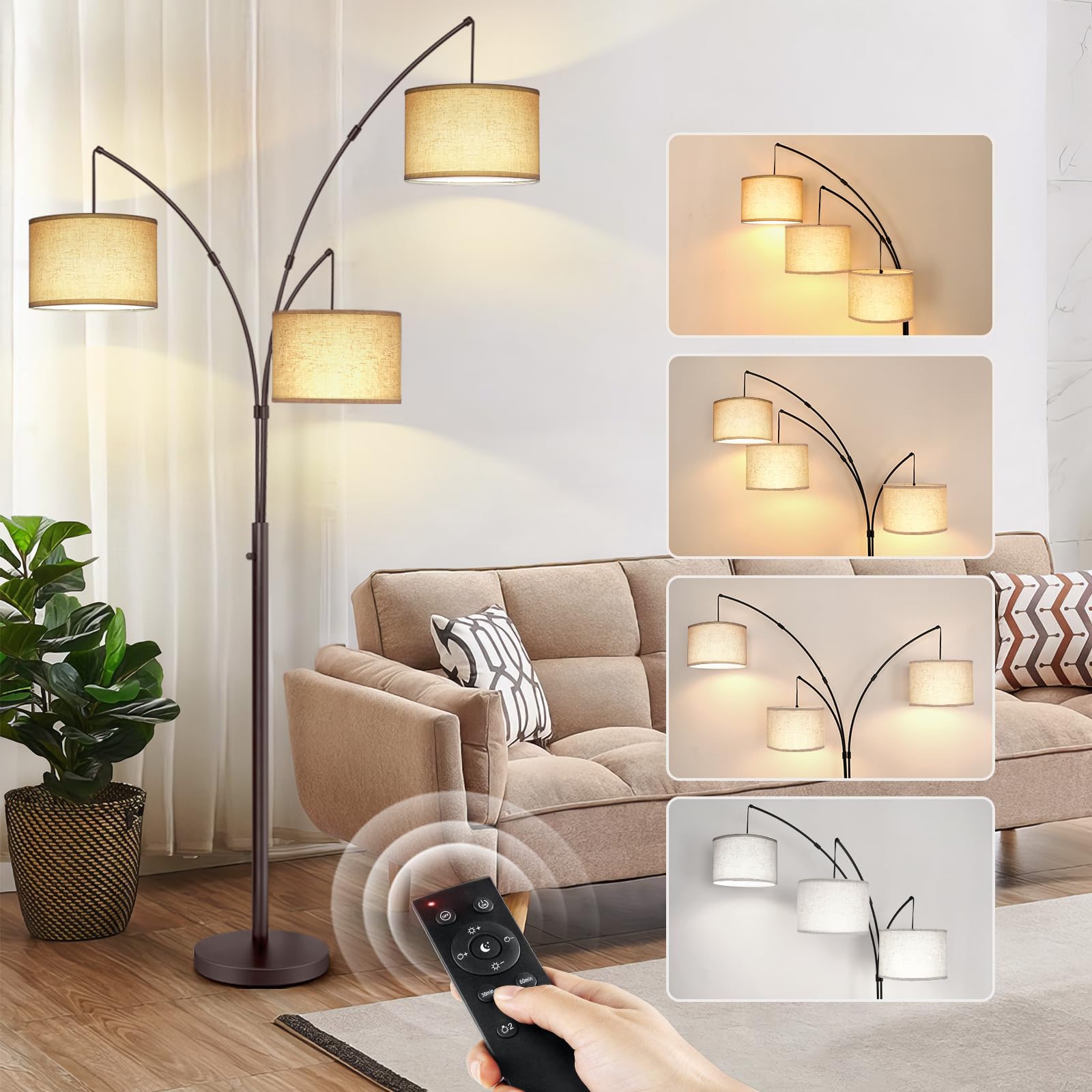 Arc Led Floor Lamp, Modern Black 3 Light Arched Tall Floor Lamp for Bedroom, 2400lm Mid Century Adjustable Standing Corner Lamps for Living Room Office, 3 LED Bulbs Included, Beige Lampshade