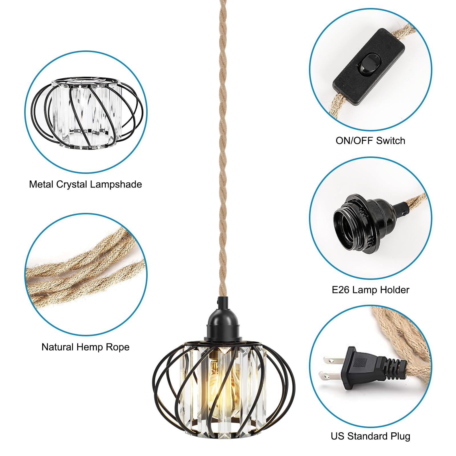 Crystal Plug in Pendant Light - Farmhouse Hanging Lights with Plug in Cord 16.4ft Hemp Rope Hanging Light Fixtures with On/Off Switch Industrial Hanging Lamp for Living Room Bedroom Kitchen Island