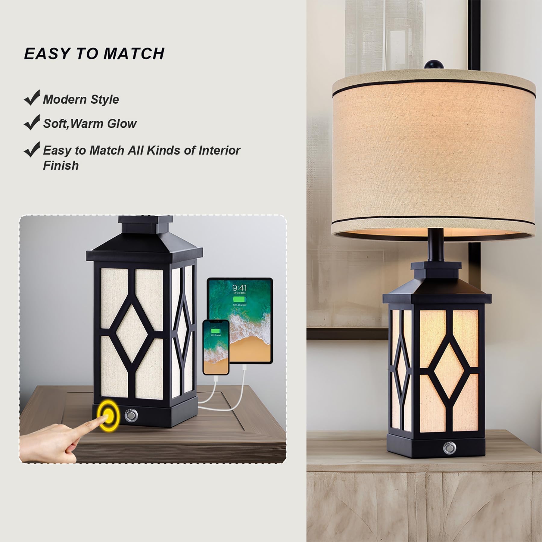 Touch Table Lamps Set of 2 Farmhouse Bedside Lamps with USB A+C Charging Ports 3-Way Dimmable Black Lamps for Living Room Retro Lamps for Night Stands Boho Bedroom Lamps