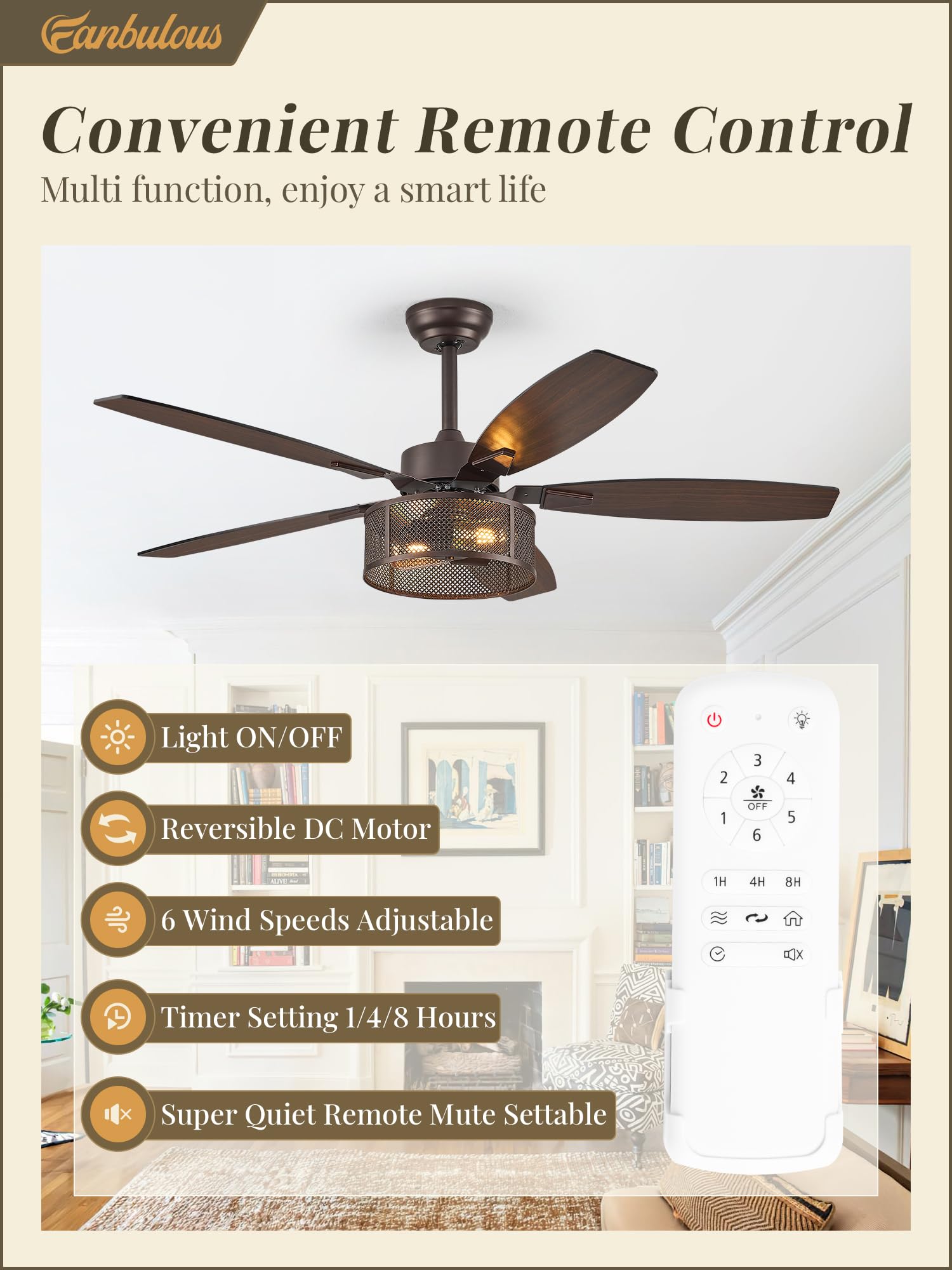 Farmhouse Ceiling Fans with Lights and Remote, 52 Inch Black Industrial Caged Ceiling Fans for Bedroom Living Room Kitchen, 6 Speed Reversible Quiet DC Motor, Dual Finish 5 Blades