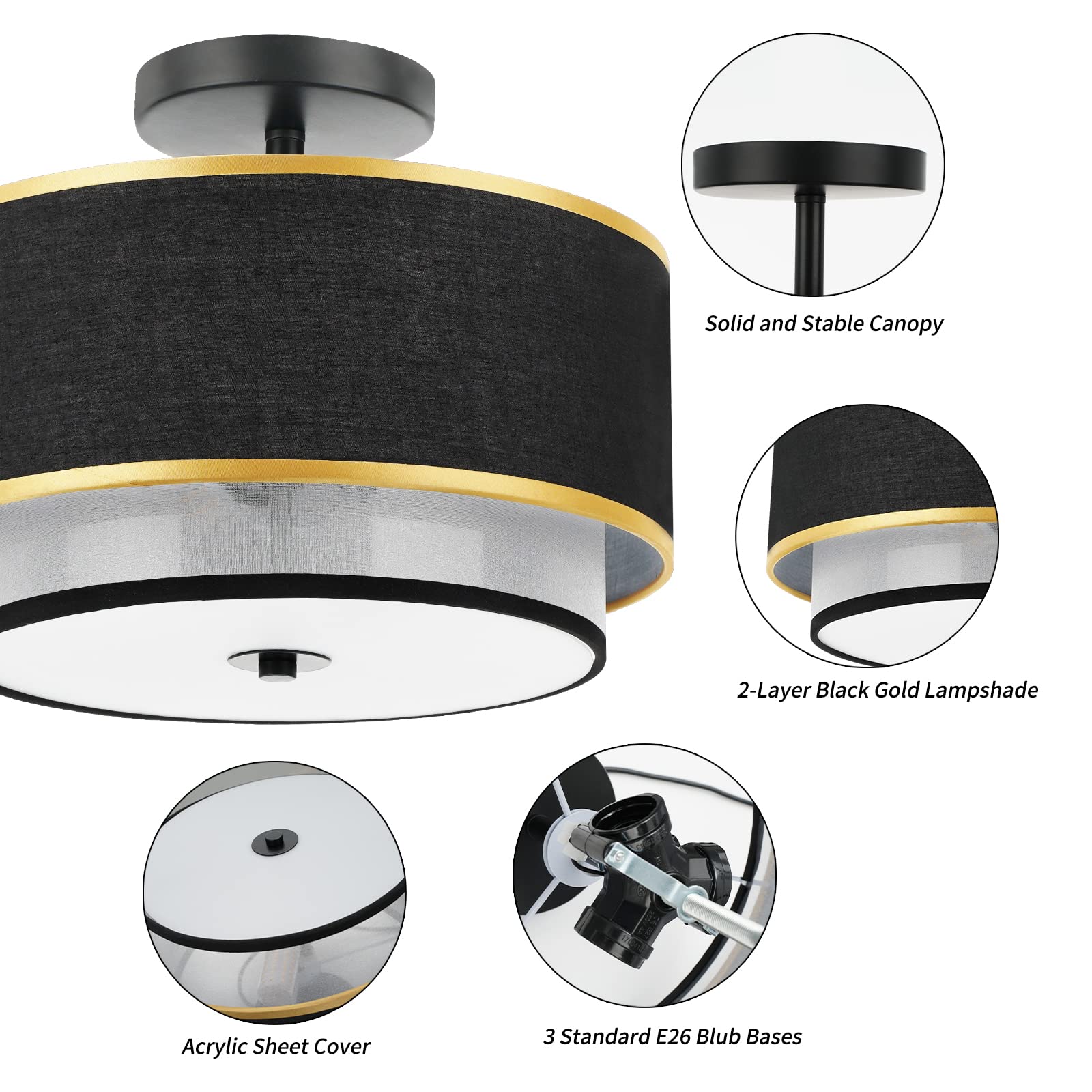 Modern Semi Flush Mount Ceiling Light - Easric Light Fixtures Ceiling Mount Hallway Light Fixtures Ceiling with Black 2-Layer Fabric Shade Drum Ceiling Lights for Bedroom,Dining Room,Kitchen,Foyer