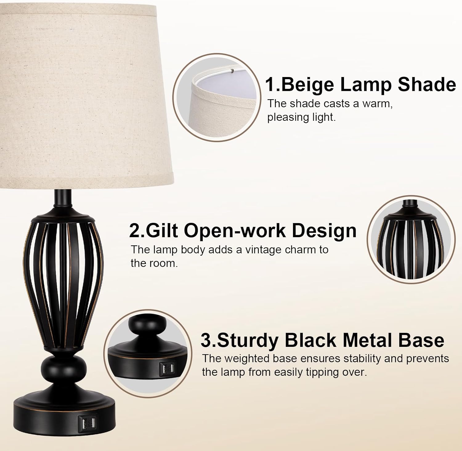 USB Bedside Lamp, 3-Way Dimmable Touch Table Lamp with Dual USB Charging Ports Industrial Table Lamp Black Metal Base Farmhouse Reading Lamp for Bedroom, Living Room, Office or Study LED Bulb Included