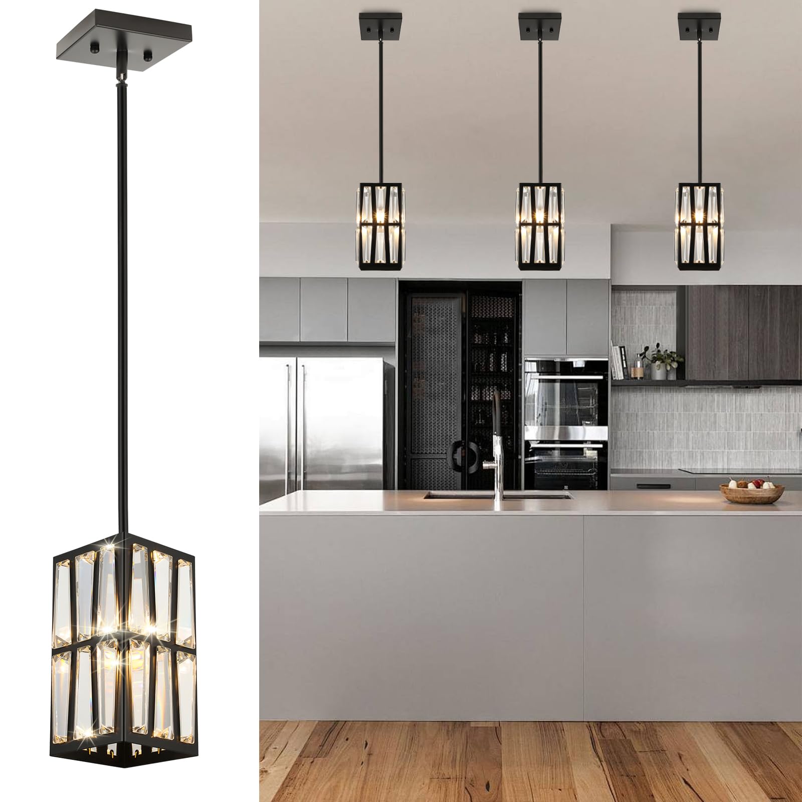 WILON Industrial Pendant Lighting, Pendant Lights for Kitchen Island 3 Light Glass Pendant Light Fixture with Seeded Glass Shade, Adjustable Cord Farmhouse Ceiling Light Black finish Linear Chandelier