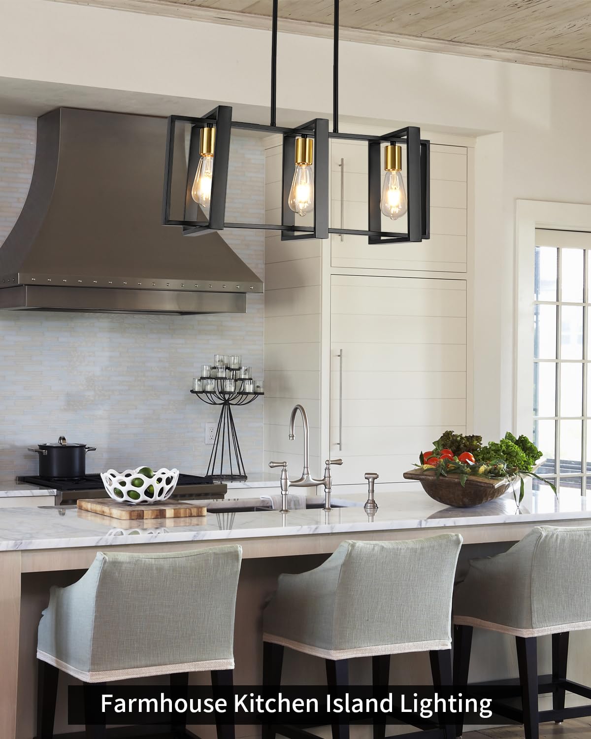 Farmhouse Kitchen Island Lighting Black Pendant Light Fixtures 4-Light Dining Room Lights Wood Chandelier Adjustable Hanging Pendant Lighting for Kitchen Island