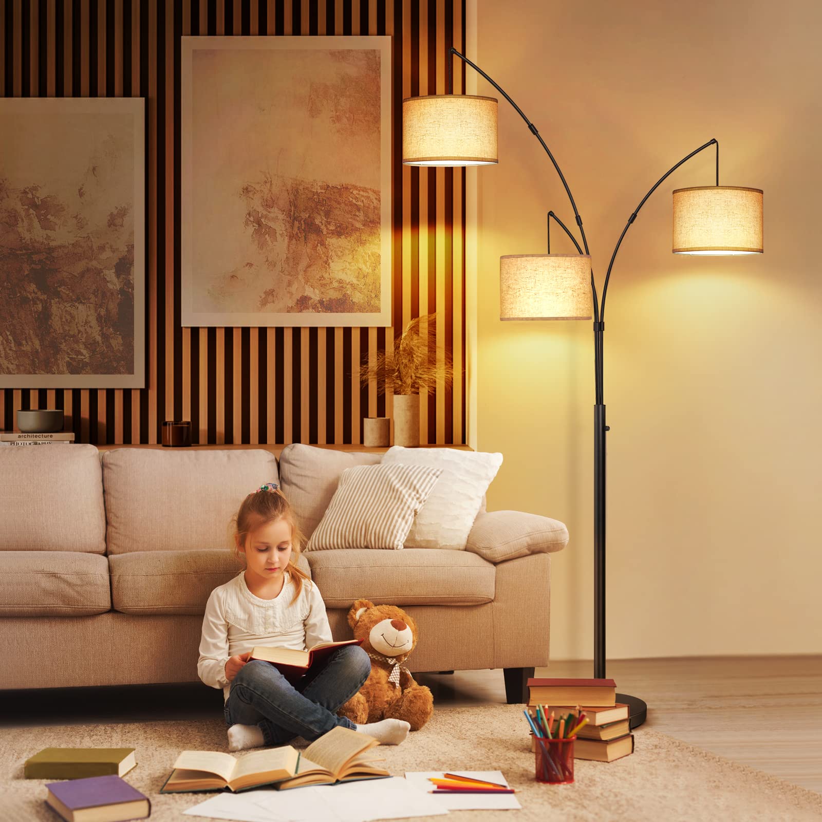 Arc Led Floor Lamp, Modern Black 3 Light Arched Tall Floor Lamp for Bedroom, 2400lm Mid Century Adjustable Standing Corner Lamps for Living Room Office, 3 LED Bulbs Included, Beige Lampshade