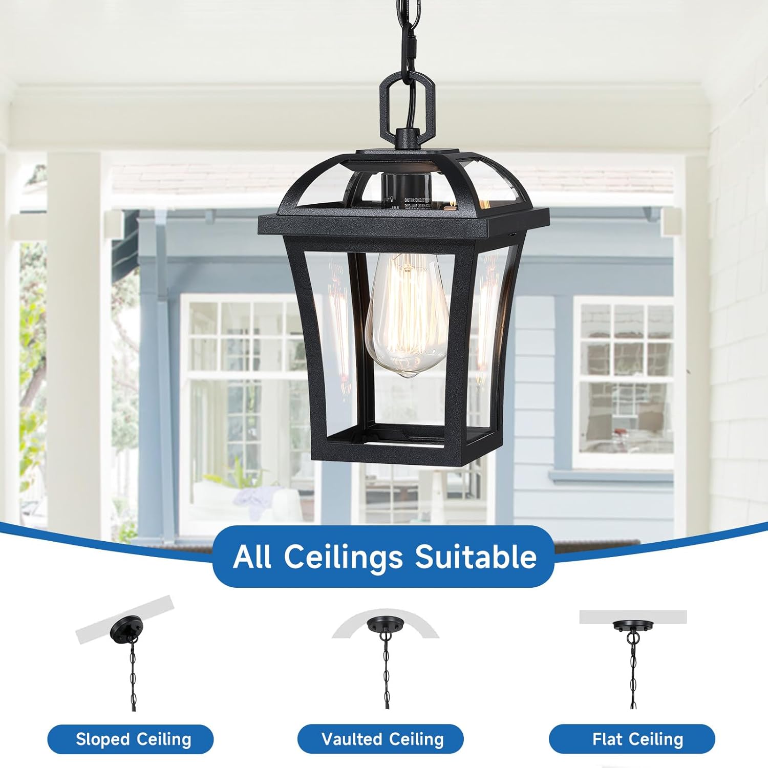 Outdoor Pendant Lights for Porch, Farmhouse Exterior Hanging Lights Fixture with Adjustable Chain,Modern Black Outdoor Chandelier Lantern with Clear Glass for Front Porch, Yard, Gazebo