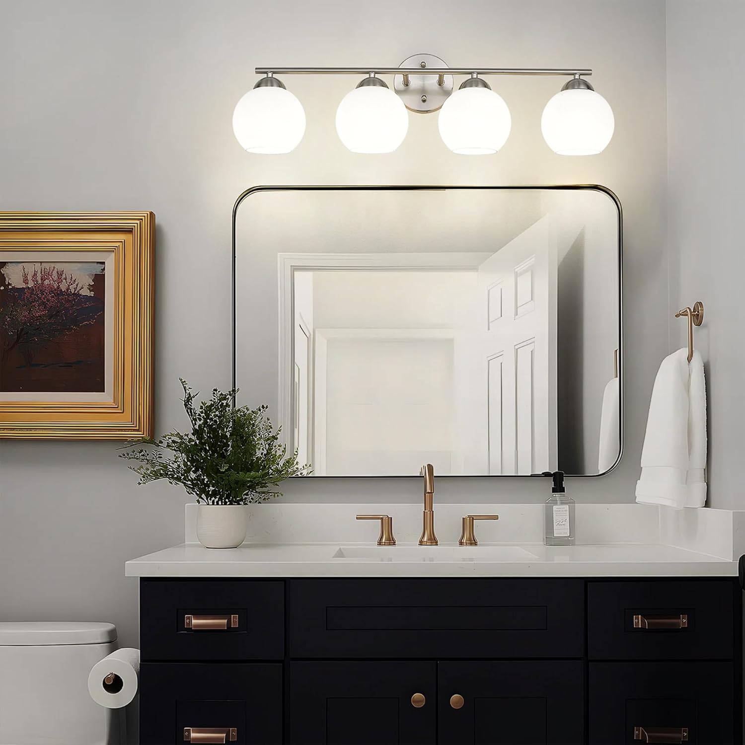 Black Vanity Lights for Mirror, Modern Farmhouse 2-Light Bathroom Light Fixtures Globe Bathroom Vanity Light with Milk Glass Shade, VL114-BK-ML-2