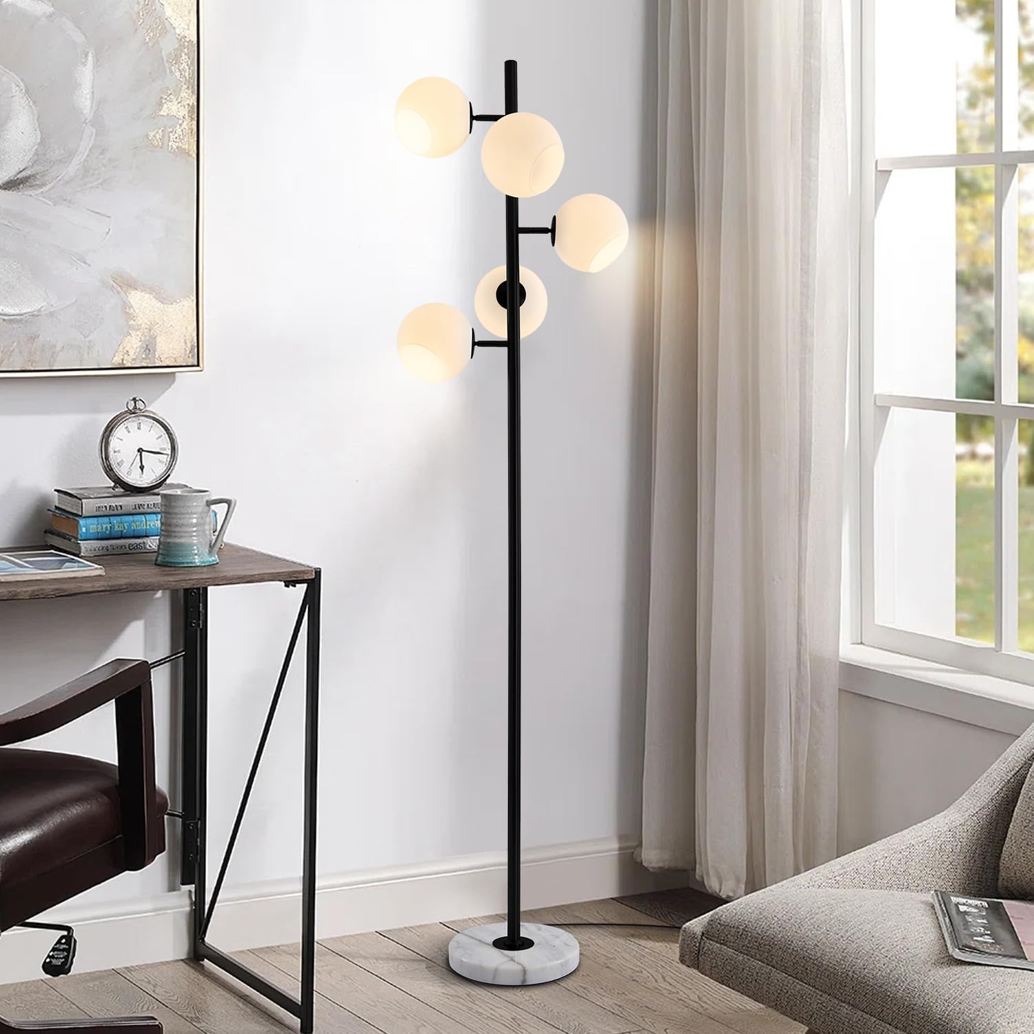 Lighting 5-Light Frosted White Glass Globe Floor Lamp Mid Century Modern Gold Tall Pole Standing Light LED Standing Lamps with Foot Switch for Home Office (Gold)