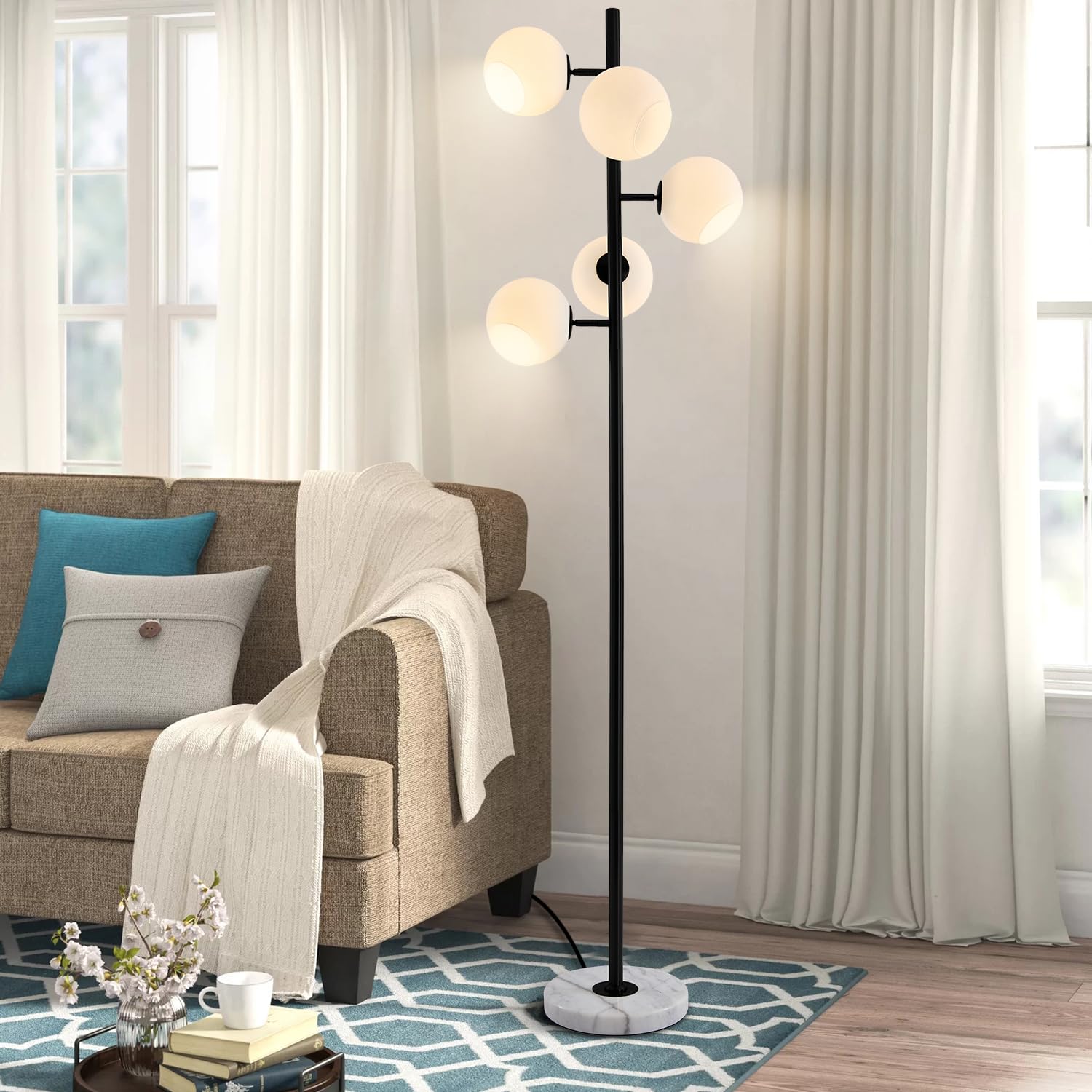 Lighting 5-Light Frosted White Glass Globe Floor Lamp Mid Century Modern Gold Tall Pole Standing Light LED Standing Lamps with Foot Switch for Home Office (Gold)