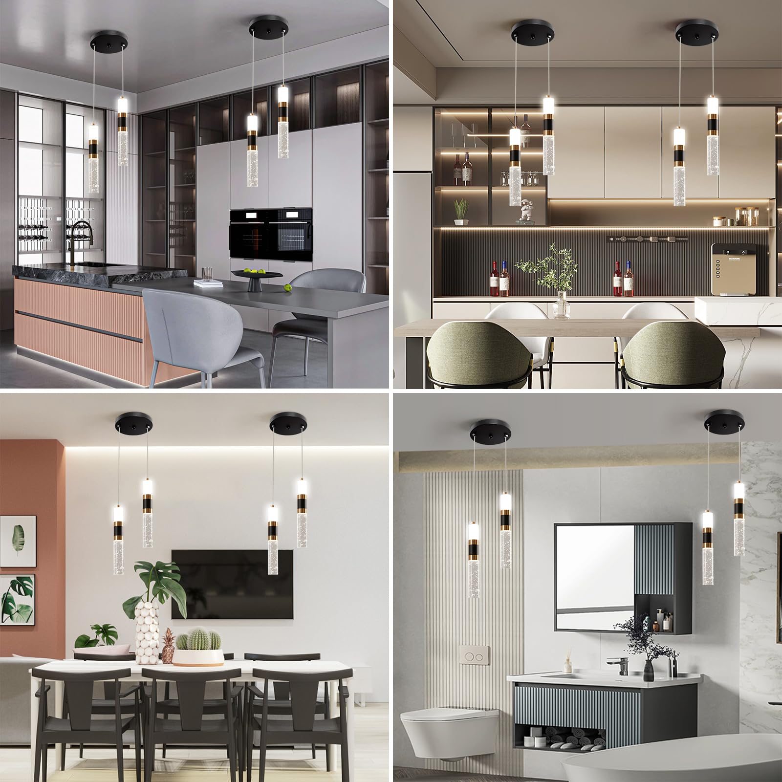 3-Light LED Pendant Lights Kitchen Island, 3-Light Cluster Pendant Lighting, Dimmable LED Modern Pendant Lights Kitchen Island, Pendant Lighting for Dining Room Table